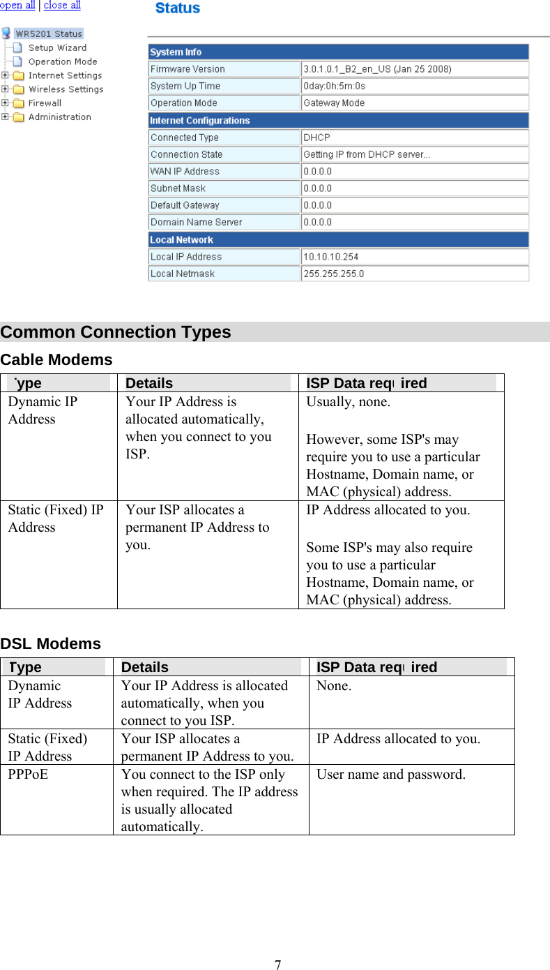   7  Common Connection Types Cable Modems Type  Details  ISP Data required Dynamic IP Address Your IP Address is allocated automatically, when you connect to you ISP. Usually, none.  However, some ISP&apos;s may require you to use a particular Hostname, Domain name, or MAC (physical) address. Static (Fixed) IP Address Your ISP allocates a permanent IP Address to you. IP Address allocated to you. Some ISP&apos;s may also require you to use a particular Hostname, Domain name, or MAC (physical) address.  DSL Modems Type  Details  ISP Data required Dynamic IP Address Your IP Address is allocated automatically, when you connect to you ISP. None. Static (Fixed) IP Address Your ISP allocates a permanent IP Address to you. IP Address allocated to you. PPPoE  You connect to the ISP only when required. The IP address is usually allocated automatically. User name and password. 