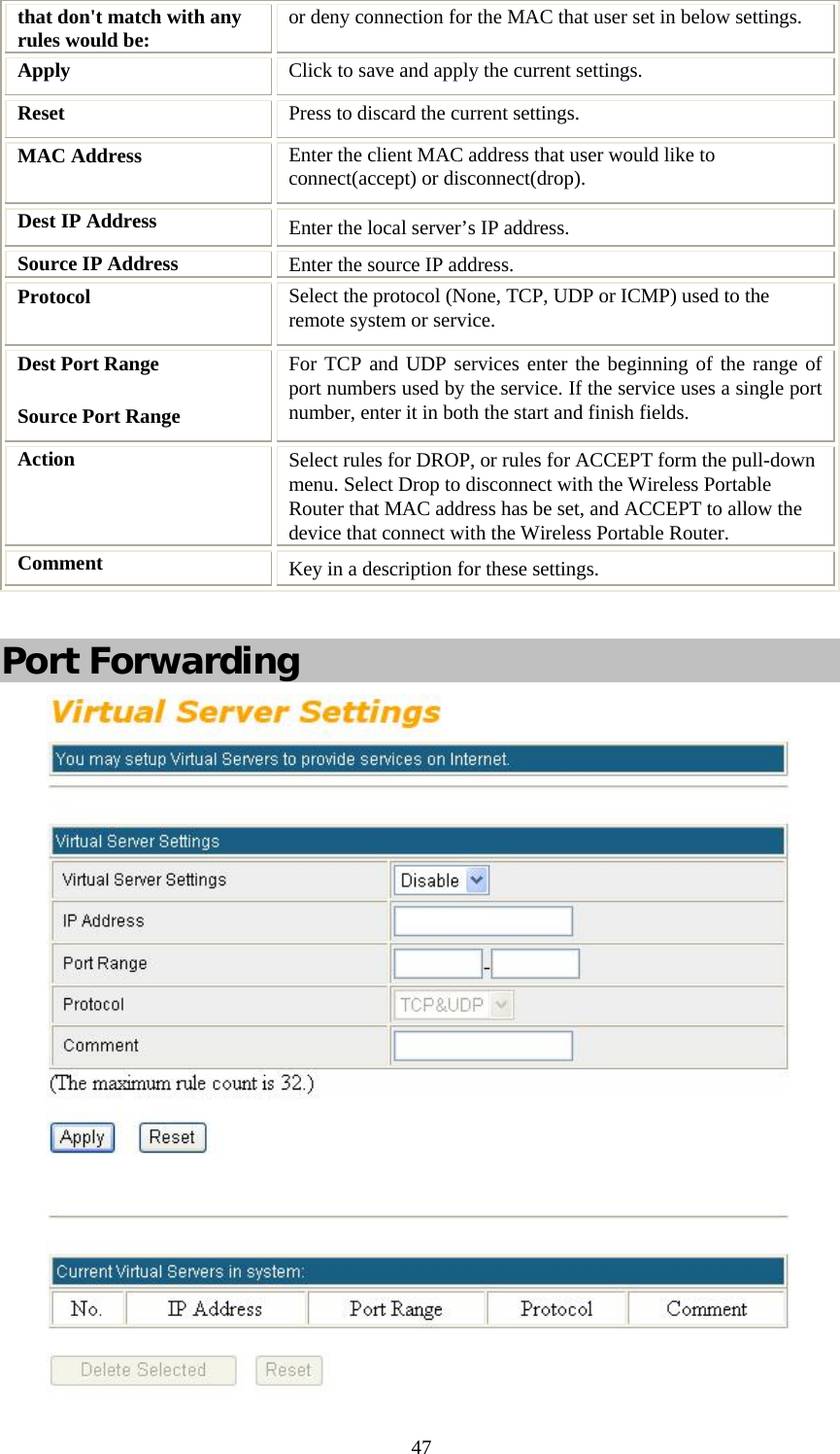   47that don&apos;t match with any rules would be:  or deny connection for the MAC that user set in below settings. Apply  Click to save and apply the current settings. Reset  Press to discard the current settings. MAC Address  Enter the client MAC address that user would like to connect(accept) or disconnect(drop). Dest IP Address    Enter the local server’s IP address. Source IP Address     Enter the source IP address. Protocol  Select the protocol (None, TCP, UDP or ICMP) used to the remote system or service. Dest Port Range Source Port Range For TCP and UDP services enter the beginning of the range of port numbers used by the service. If the service uses a single port number, enter it in both the start and finish fields. Action  Select rules for DROP, or rules for ACCEPT form the pull-down menu. Select Drop to disconnect with the Wireless Portable Router that MAC address has be set, and ACCEPT to allow the device that connect with the Wireless Portable Router. Comment  Key in a description for these settings.   Port Forwarding  