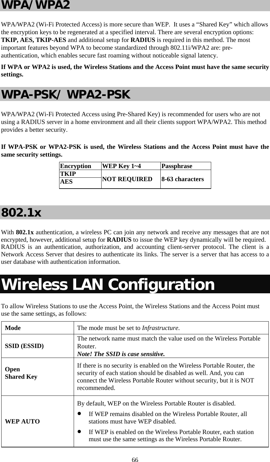   66WPA/WPA2 WPA/WPA2 (Wi-Fi Protected Access) is more secure than WEP.  It uses a “Shared Key” which allows the encryption keys to be regenerated at a specified interval. There are several encryption options: TKIP, AES, TKIP-AES and additional setup for RADIUS is required in this method. The most important features beyond WPA to become standardized through 802.11i/WPA2 are: pre-authentication, which enables secure fast roaming without noticeable signal latency.  If WPA or WPA2 is used, the Wireless Stations and the Access Point must have the same security settings. WPA-PSK/ WPA2-PSK WPA/WPA2 (Wi-Fi Protected Access using Pre-Shared Key) is recommended for users who are not using a RADIUS server in a home environment and all their clients support WPA/WPA2. This method provides a better security.  If WPA-PSK or WPA2-PSK is used, the Wireless Stations and the Access Point must have the same security settings. Encryption   WEP Key 1~4  Passphrase TKIP AES  NOT REQUIRED  8-63 characters  802.1x With 802.1x authentication, a wireless PC can join any network and receive any messages that are not encrypted, however, additional setup for RADIUS to issue the WEP key dynamically will be required. RADIUS is an authentication, authorization, and accounting client-server protocol. The client is a Network Access Server that desires to authenticate its links. The server is a server that has access to a user database with authentication information. Wireless LAN Configuration To allow Wireless Stations to use the Access Point, the Wireless Stations and the Access Point must use the same settings, as follows: Mode  The mode must be set to Infrastructure. SSID (ESSID)  The network name must match the value used on the Wireless Portable Router. Note! The SSID is case sensitive. Open Shared Key  If there is no security is enabled on the Wireless Portable Router, the security of each station should be disabled as well. And, you can connect the Wireless Portable Router without security, but it is NOT recommended. WEP AUTO By default, WEP on the Wireless Portable Router is disabled. • If WEP remains disabled on the Wireless Portable Router, all stations must have WEP disabled. • If WEP is enabled on the Wireless Portable Router, each station must use the same settings as the Wireless Portable Router. 