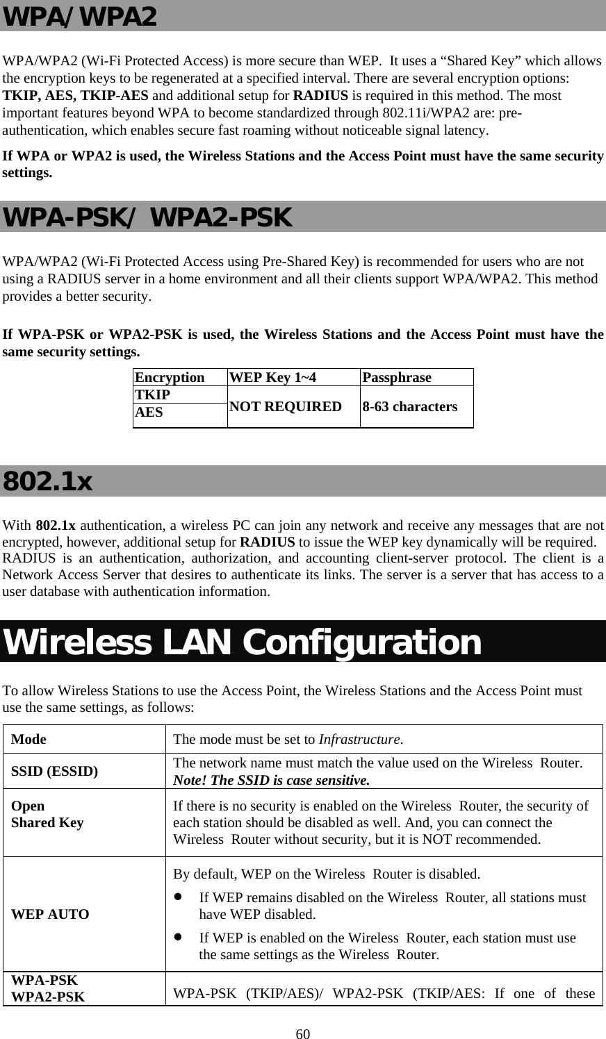   60WPA/WPA2 WPA/WPA2 (Wi-Fi Protected Access) is more secure than WEP.  It uses a “Shared Key” which allows the encryption keys to be regenerated at a specified interval. There are several encryption options: TKIP, AES, TKIP-AES and additional setup for RADIUS is required in this method. The most important features beyond WPA to become standardized through 802.11i/WPA2 are: pre-authentication, which enables secure fast roaming without noticeable signal latency.  If WPA or WPA2 is used, the Wireless Stations and the Access Point must have the same security settings. WPA-PSK/ WPA2-PSK WPA/WPA2 (Wi-Fi Protected Access using Pre-Shared Key) is recommended for users who are not using a RADIUS server in a home environment and all their clients support WPA/WPA2. This method provides a better security.  If WPA-PSK or WPA2-PSK is used, the Wireless Stations and the Access Point must have the same security settings. Encryption   WEP Key 1~4  Passphrase TKIP AES  NOT REQUIRED  8-63 characters  802.1x With 802.1x authentication, a wireless PC can join any network and receive any messages that are not encrypted, however, additional setup for RADIUS to issue the WEP key dynamically will be required. RADIUS is an authentication, authorization, and accounting client-server protocol. The client is a Network Access Server that desires to authenticate its links. The server is a server that has access to a user database with authentication information. Wireless LAN Configuration To allow Wireless Stations to use the Access Point, the Wireless Stations and the Access Point must use the same settings, as follows: Mode  The mode must be set to Infrastructure. SSID (ESSID)  The network name must match the value used on the Wireless  Router. Note! The SSID is case sensitive. Open Shared Key  If there is no security is enabled on the Wireless  Router, the security of each station should be disabled as well. And, you can connect the Wireless  Router without security, but it is NOT recommended. WEP AUTO By default, WEP on the Wireless  Router is disabled. • If WEP remains disabled on the Wireless  Router, all stations must have WEP disabled. • If WEP is enabled on the Wireless  Router, each station must use the same settings as the Wireless  Router. WPA-PSK WPA2-PSK  WPA-PSK (TKIP/AES)/ WPA2-PSK (TKIP/AES: If one of these 