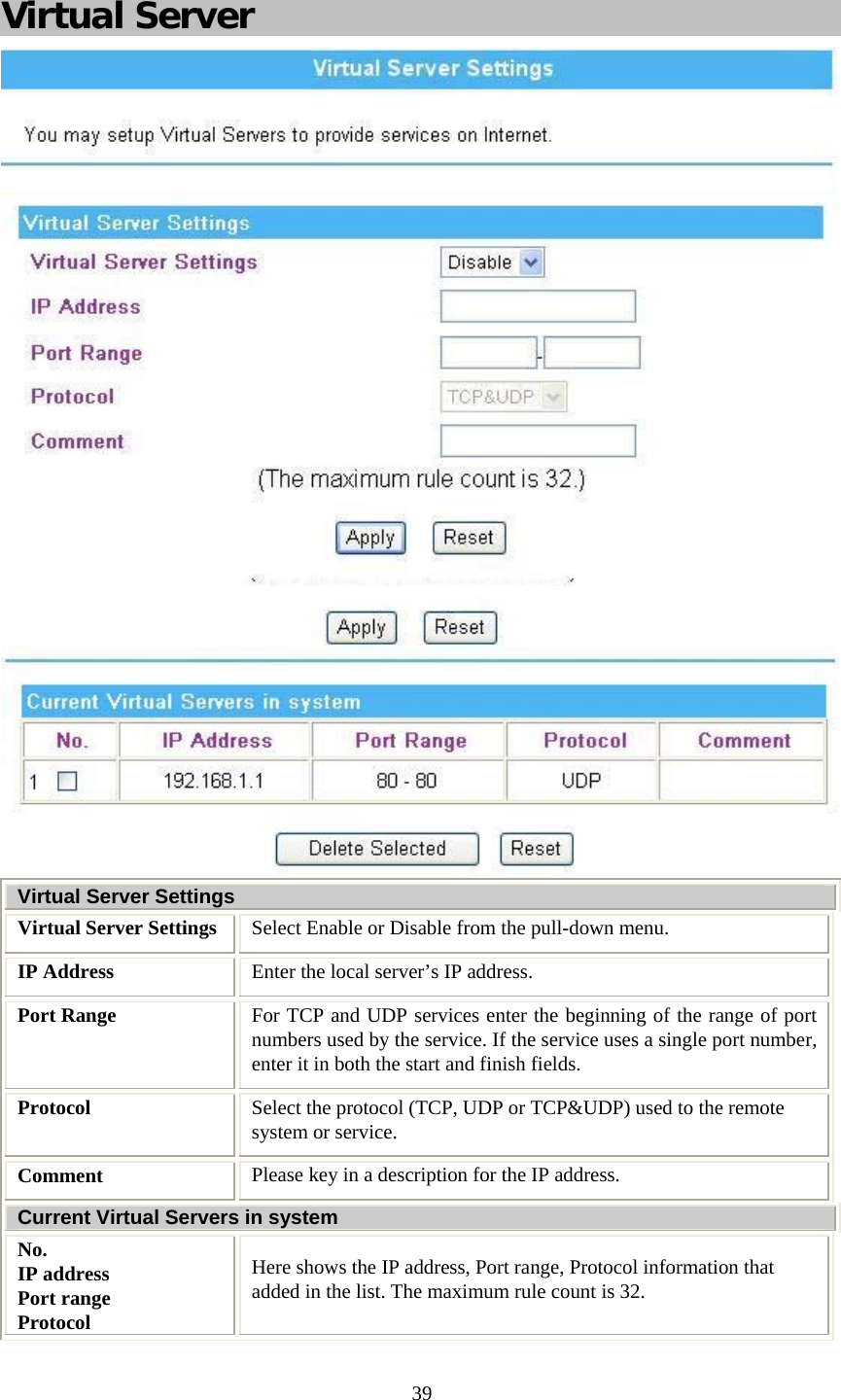   39  Virtual Server  Virtual Server Settings Virtual Server Settings  Select Enable or Disable from the pull-down menu. IP Address  Enter the local server’s IP address. Port Range  For TCP and UDP services enter the beginning of the range of port numbers used by the service. If the service uses a single port number, enter it in both the start and finish fields. Protocol  Select the protocol (TCP, UDP or TCP&amp;UDP) used to the remote system or service. Comment  Please key in a description for the IP address. Current Virtual Servers in system No.  IP address Port range Protocol Here shows the IP address, Port range, Protocol information that added in the list. The maximum rule count is 32. 