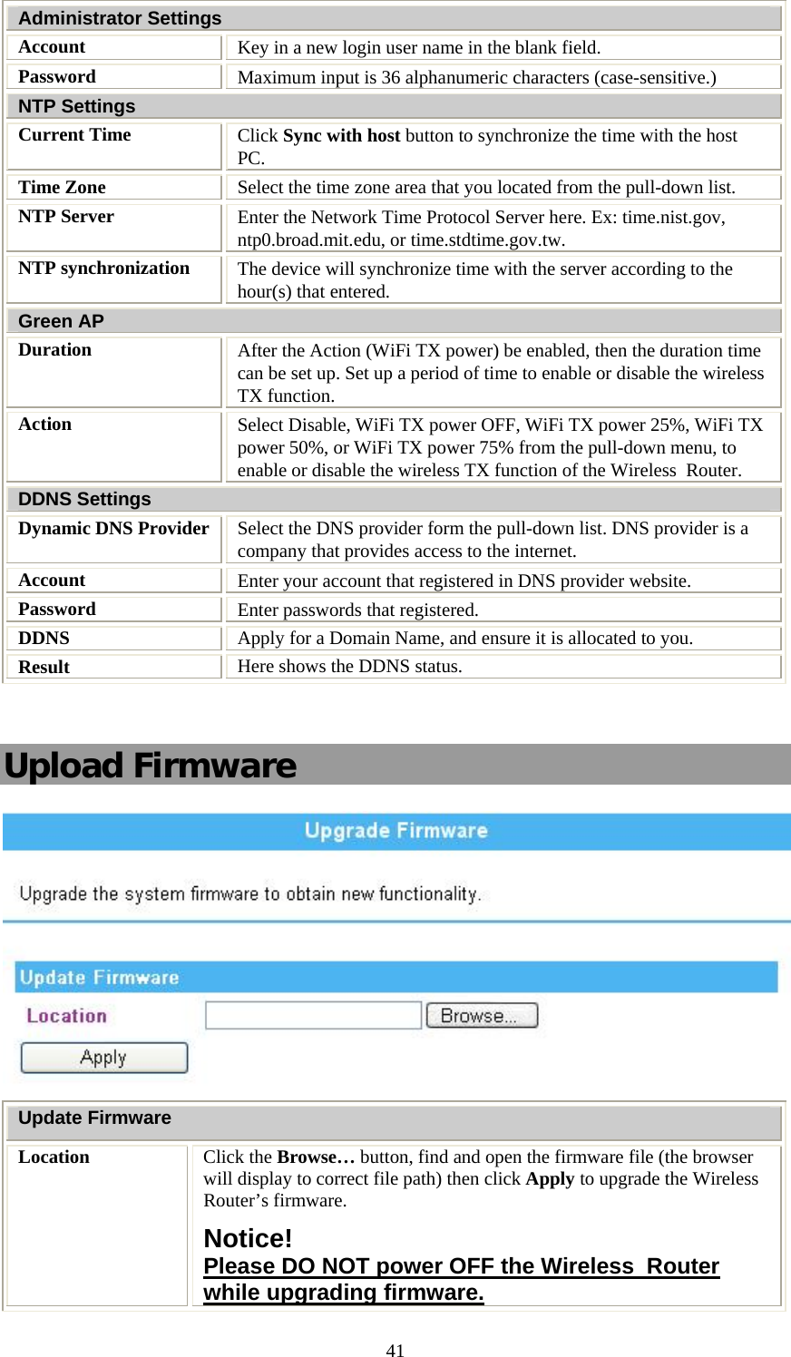   41Administrator Settings Account  Key in a new login user name in the blank field. Password  Maximum input is 36 alphanumeric characters (case-sensitive.) NTP Settings Current Time  Click Sync with host button to synchronize the time with the host PC. Time Zone  Select the time zone area that you located from the pull-down list. NTP Server  Enter the Network Time Protocol Server here. Ex: time.nist.gov, ntp0.broad.mit.edu, or time.stdtime.gov.tw. NTP synchronization  The device will synchronize time with the server according to the hour(s) that entered. Green AP Duration  After the Action (WiFi TX power) be enabled, then the duration time can be set up. Set up a period of time to enable or disable the wireless TX function. Action  Select Disable, WiFi TX power OFF, WiFi TX power 25%, WiFi TX power 50%, or WiFi TX power 75% from the pull-down menu, to enable or disable the wireless TX function of the Wireless  Router.  DDNS Settings Dynamic DNS Provider  Select the DNS provider form the pull-down list. DNS provider is a company that provides access to the internet. Account  Enter your account that registered in DNS provider website. Password   Enter passwords that registered.  DDNS  Apply for a Domain Name, and ensure it is allocated to you. Result  Here shows the DDNS status.  Upload Firmware  Update Firmware Location  Click the Browse… button, find and open the firmware file (the browser will display to correct file path) then click Apply to upgrade the Wireless  Router’s firmware.  Notice! Please DO NOT power OFF the Wireless  Router while upgrading firmware. 