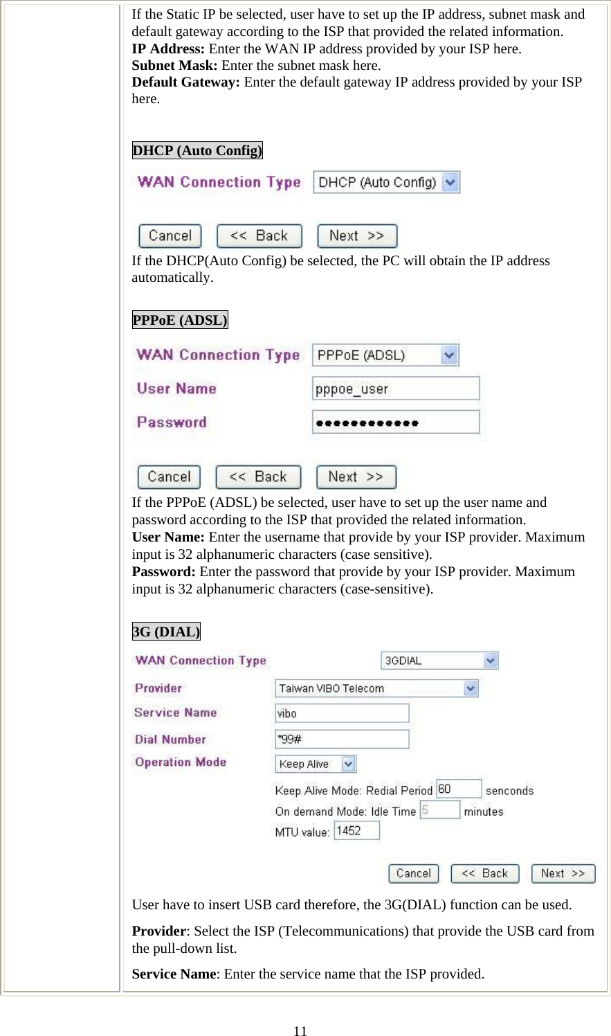   11If the Static IP be selected, user have to set up the IP address, subnet mask and default gateway according to the ISP that provided the related information. IP Address: Enter the WAN IP address provided by your ISP here. Subnet Mask: Enter the subnet mask here. Default Gateway: Enter the default gateway IP address provided by your ISP here.  DHCP (Auto Config)  If the DHCP(Auto Config) be selected, the PC will obtain the IP address automatically.  PPPoE (ADSL)  If the PPPoE (ADSL) be selected, user have to set up the user name and password according to the ISP that provided the related information. User Name: Enter the username that provide by your ISP provider. Maximum input is 32 alphanumeric characters (case sensitive). Password: Enter the password that provide by your ISP provider. Maximum input is 32 alphanumeric characters (case-sensitive).  3G (DIAL) User have to insert USB card therefore, the 3G(DIAL) function can be used. Provider: Select the ISP (Telecommunications) that provide the USB card from the pull-down list. Service Name: Enter the service name that the ISP provided. 