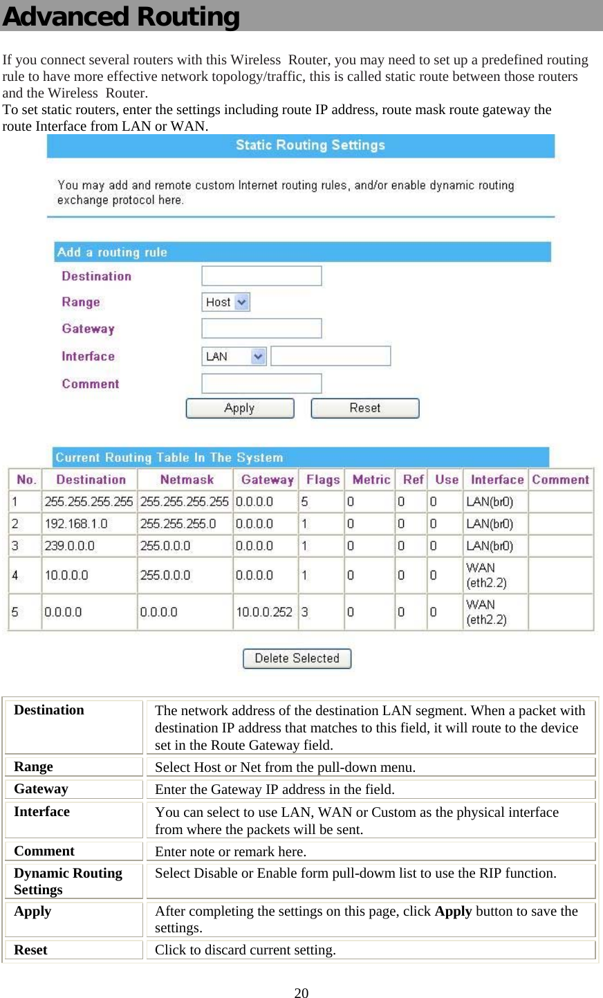   20 Advanced Routing If you connect several routers with this Wireless  Router, you may need to set up a predefined routing rule to have more effective network topology/traffic, this is called static route between those routers and the Wireless  Router. To set static routers, enter the settings including route IP address, route mask route gateway the route Interface from LAN or WAN.   Destination  The network address of the destination LAN segment. When a packet with destination IP address that matches to this field, it will route to the device set in the Route Gateway field. Range  Select Host or Net from the pull-down menu. Gateway  Enter the Gateway IP address in the field. Interface  You can select to use LAN, WAN or Custom as the physical interface from where the packets will be sent. Comment  Enter note or remark here. Dynamic Routing Settings  Select Disable or Enable form pull-dowm list to use the RIP function. Apply  After completing the settings on this page, click Apply button to save the settings. Reset  Click to discard current setting.  