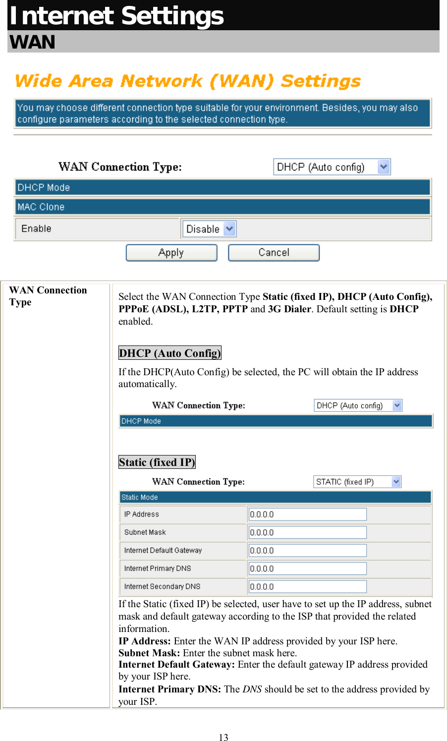    13 Internet Settings  WAN  WAN Connection Type  Select the WAN Connection Type Static (fixed IP), DHCP (Auto Config), PPPoE (ADSL), L2TP, PPTP and 3G Dialer. Default setting is DHCP enabled.  DHCP (Auto Config) If the DHCP(Auto Config) be selected, the PC will obtain the IP address automatically.   Static (fixed IP)  If the Static (fixed IP) be selected, user have to set up the IP address, subnet mask and default gateway according to the ISP that provided the related information. IP Address: Enter the WAN IP address provided by your ISP here. Subnet Mask: Enter the subnet mask here. Internet Default Gateway: Enter the default gateway IP address provided by your ISP here. Internet Primary DNS: The DNS should be set to the address provided by your ISP. 