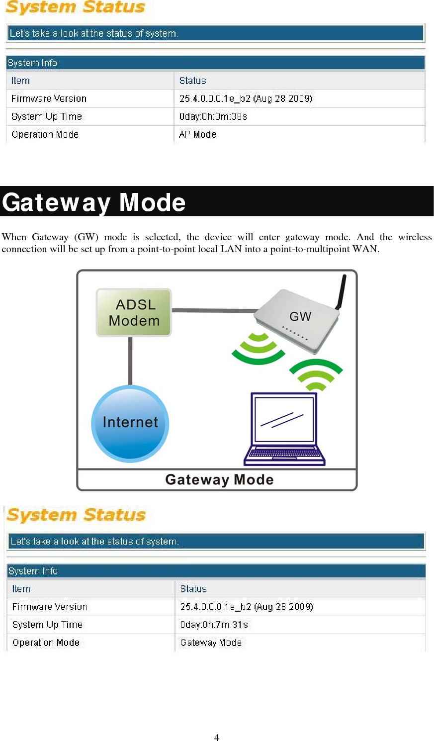   4  Gateway Mode When Gateway (GW) mode is selected, the device will enter gateway mode. And the wireless connection will be set up from a point-to-point local LAN into a point-to-multipoint WAN.     