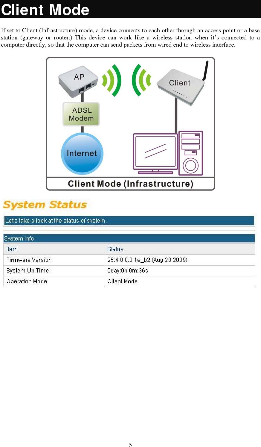   5Client Mode If set to Client (Infrastructure) mode, a device connects to each other through an access point or a base station (gateway or router.) This device can work like a wireless station when it’s connected to a computer directly, so that the computer can send packets from wired end to wireless interface.       