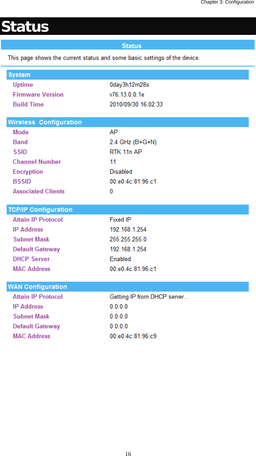   Chapter 3: Configuration  16Status  