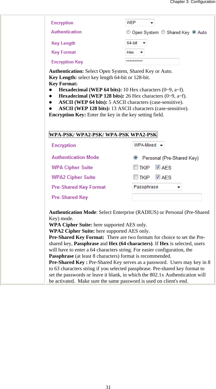   Chapter 3: Configuration  31 Authentication: Select Open System, Shared Key or Auto. Key Length: select key length 64-bit or 128-bit. Key Format:  z Hexadecimal (WEP 64 bits): 10 Hex characters (0~9, a~f).  z Hexadecimal (WEP 128 bits): 26 Hex characters (0~9, a~f). z ASCII (WEP 64 bits): 5 ASCII characters (case-sensitive). z ASCII (WEP 128 bits): 13 ASCII characters (case-sensitive). Encryption Key: Enter the key in the key setting field.  WPA-PSK/ WPA2-PSK/ WPA-PSK WPA2-PSK   Authentication Mode: Select Enterprise (RADIUS) or Personal (Pre-Shared Key) mode. WPA Cipher Suite: here supported AES only. WPA2 Cipher Suite: here supported AES only. Pre-Shared Key Format:  There are two formats for choice to set the Pre-shared key, Passphrase and Hex (64 characters). If Hex is selected, users will have to enter a 64 characters string. For easier configuration, the Passphrase (at least 8 characters) format is recommended. Pre-Shared Key : Pre-Shared Key serves as a password.  Users may key in 8 to 63 characters string if you selected passphrase. Pre-shared key format to set the passwords or leave it blank, in which the 802.1x Authentication will be activated.  Make sure the same password is used on client&apos;s end.   