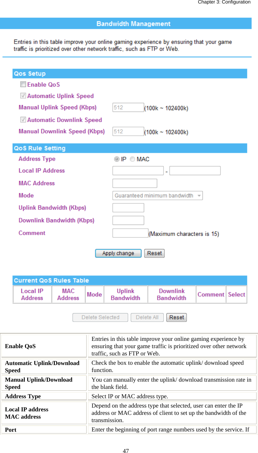   Chapter 3: Configuration  47  Enable QoS  Entries in this table improve your online gaming experience by ensuring that your game traffic is prioritized over other network traffic, such as FTP or Web. Automatic Uplink/Download Speed  Check the box to enable the automatic uplink/ download speed function. Manual Uplink/Download Speed  You can manually enter the uplink/ download transmission rate in the blank field. Address Type  Select IP or MAC address type. Local IP address  MAC address Depend on the address type that selected, user can enter the IP address or MAC address of client to set up the bandwidth of the transmission. Port   Enter the beginning of port range numbers used by the service. If 