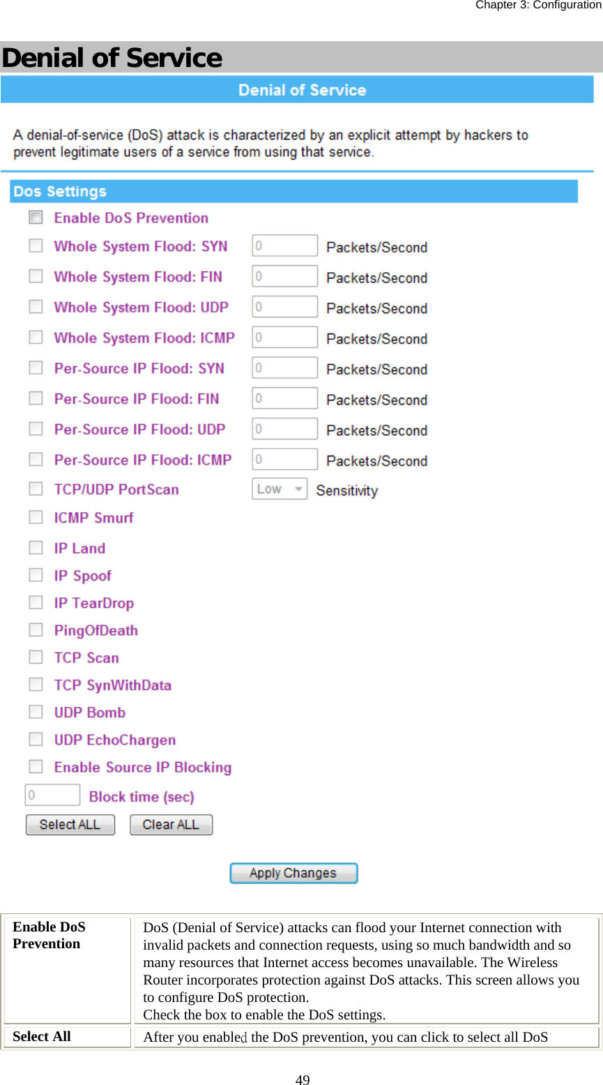   Chapter 3: Configuration  49Denial of Service   Enable DoS Prevention  DoS (Denial of Service) attacks can flood your Internet connection with invalid packets and connection requests, using so much bandwidth and so many resources that Internet access becomes unavailable. The Wireless Router incorporates protection against DoS attacks. This screen allows you to configure DoS protection.  Check the box to enable the DoS settings. Select All  After you enabled the DoS prevention, you can click to select all DoS 