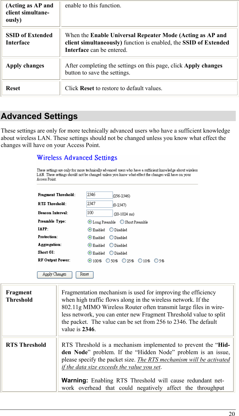  20 (Acting as AP and client simultane-ously) enable to this function. SSID of Extended Interface When the Enable Universal Repeater Mode (Acting as AP and client simultaneously) function is enabled, the SSID of Extended Interface can be entered. Apply changes  After completing the settings on this page, click Apply changes button to save the settings. Reset  Click Reset to restore to default values.  Advanced Settings These settings are only for more technically advanced users who have a sufficient knowledge about wireless LAN. These settings should not be changed unless you know what effect the changes will have on your Access Point.   Fragment Threshold Fragmentation mechanism is used for improving the efficiency when high traffic flows along in the wireless network. If the 802.11g MIMO Wireless Router often transmit large files in wire-less network, you can enter new Fragment Threshold value to split the packet.  The value can be set from 256 to 2346. The default value is 2346. RTS Threshold  RTS Threshold is a mechanism implemented to prevent the “Hid-den Node” problem. If the “Hidden Node” problem is an issue, please specify the packet size. The RTS mechanism will be activated if the data size exceeds the value you set. Warning: Enabling RTS Threshold will cause redundant net-work overhead that could negatively affect the throughput 