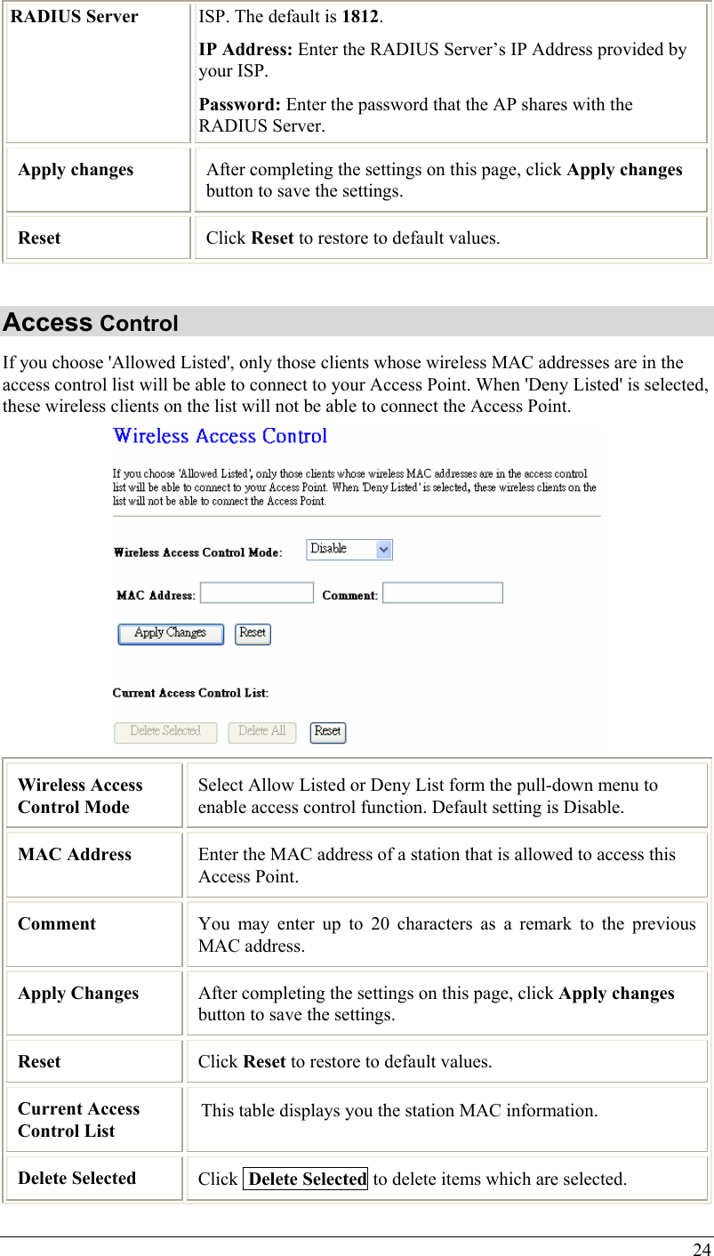  24 RADIUS Server  ISP. The default is 1812. IP Address: Enter the RADIUS Server’s IP Address provided by your ISP. Password: Enter the password that the AP shares with the RADIUS Server.   Apply changes  After completing the settings on this page, click Apply changes button to save the settings. Reset  Click Reset to restore to default values.  Access Control If you choose &apos;Allowed Listed&apos;, only those clients whose wireless MAC addresses are in the access control list will be able to connect to your Access Point. When &apos;Deny Listed&apos; is selected, these wireless clients on the list will not be able to connect the Access Point.  Wireless Access Control Mode Select Allow Listed or Deny List form the pull-down menu to enable access control function. Default setting is Disable. MAC Address  Enter the MAC address of a station that is allowed to access this Access Point. Comment   You may enter up to 20 characters as a remark to the previous MAC address. Apply Changes  After completing the settings on this page, click Apply changes button to save the settings. Reset  Click Reset to restore to default values. Current Access Control List This table displays you the station MAC information. Delete Selected  Click  Delete Selected to delete items which are selected. 