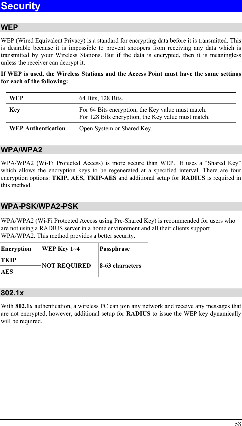 58 Security  WEP WEP (Wired Equivalent Privacy) is a standard for encrypting data before it is transmitted. This is desirable because it is impossible to prevent snoopers from receiving any data which is transmitted by your Wireless Stations. But if the data is encrypted, then it is meaningless unless the receiver can decrypt it. If WEP is used, the Wireless Stations and the Access Point must have the same settings for each of the following: WEP  64 Bits, 128 Bits. Key  For 64 Bits encryption, the Key value must match.  For 128 Bits encryption, the Key value must match. WEP Authentication  Open System or Shared Key.  WPA/WPA2 WPA/WPA2 (Wi-Fi Protected Access) is more secure than WEP.  It uses a “Shared Key” which allows the encryption keys to be regenerated at a specified interval. There are four encryption options: TKIP, AES, TKIP-AES and additional setup for RADIUS is required in this method.  WPA-PSK/WPA2-PSK WPA/WPA2 (Wi-Fi Protected Access using Pre-Shared Key) is recommended for users who are not using a RADIUS server in a home environment and all their clients support WPA/WPA2. This method provides a better security.  Encryption   WEP Key 1~4  Passphrase TKIP AES NOT REQUIRED  8-63 characters  802.1x With 802.1x authentication, a wireless PC can join any network and receive any messages that are not encrypted, however, additional setup for RADIUS to issue the WEP key dynamically will be required.            