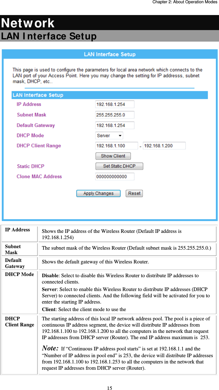   Chapter 2: About Operation Modes  15Netw ork LAN I nterface Setup  IP Address  Shows the IP address of the Wireless Router (Default IP address is 192.168.1.254) Subnet Mask  The subnet mask of the Wireless Router (Default subnet mask is 255.255.255.0.) Default Gateway  Shows the default gateway of this Wireless Router. DHCP Mode  Disable: Select to disable this Wireless Router to distribute IP addresses to connected clients. Server: Select to enable this Wireless Router to distribute IP addresses (DHCP Server) to connected clients. And the following field will be activated for you to enter the starting IP address. Client: Select the client mode to use the  DHCP Client Range The starting address of this local IP network address pool. The pool is a piece of continuous IP address segment, the device will distribute IP addresses from 192.168.1.100 to 192.168.1.200 to all the computers in the network that request IP addresses from DHCP server (Router). The end IP address maximum is  253.  Note:  If “Continuous IP address pool starts” is set at 192.168.1.1 and the “Number of IP address in pool end” is 253, the device will distribute IP addresses from 192.168.1.100 to 192.168.1.253 to all the computers in the network that request IP addresses from DHCP server (Router). 