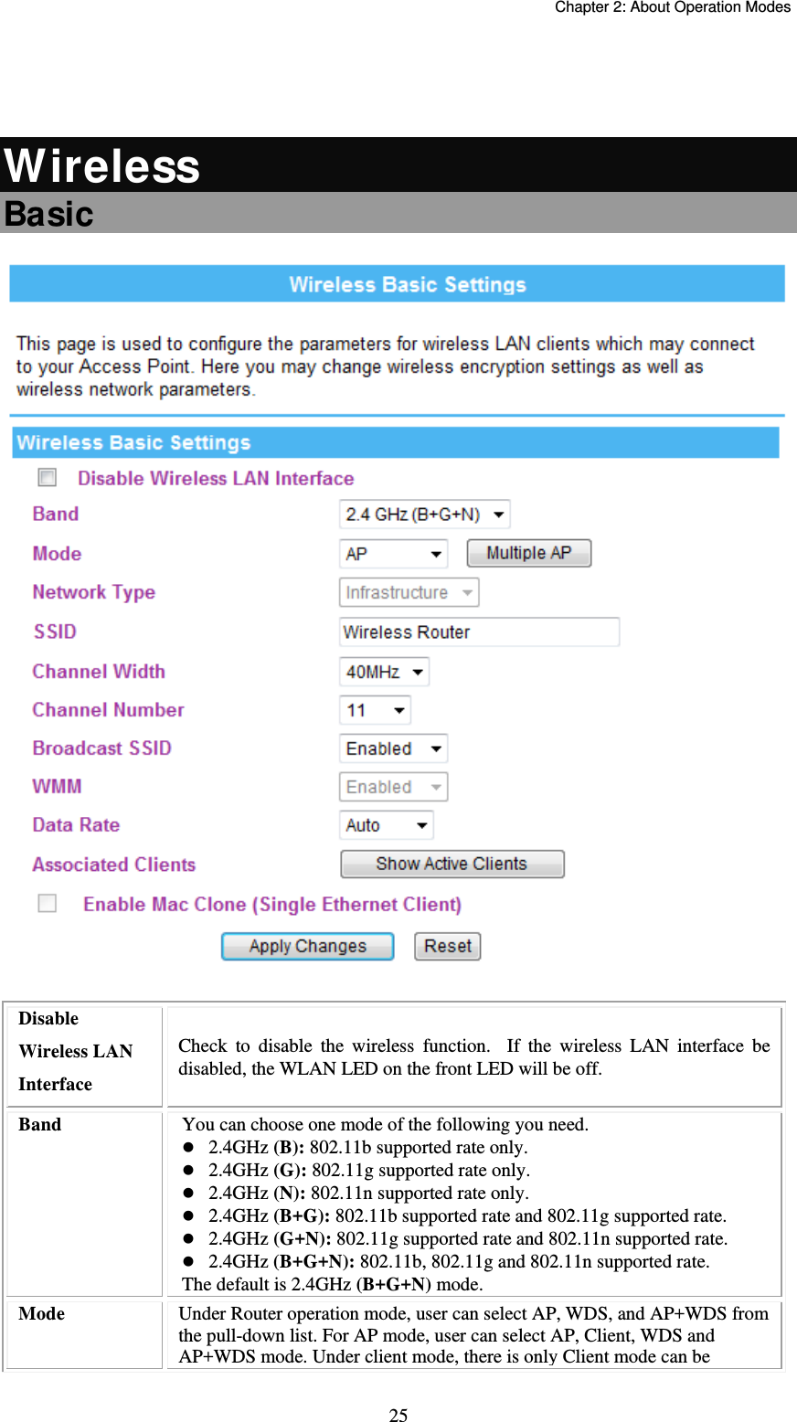   Chapter 2: About Operation Modes  25 Wireless Basic  Disable Wireless LAN Interface Check to disable the wireless function.  If the wireless LAN interface be disabled, the WLAN LED on the front LED will be off. Band  You can choose one mode of the following you need. 2.4GHz (B): 802.11b supported rate only. 2.4GHz (G): 802.11g supported rate only.  2.4GHz (N): 802.11n supported rate only.  2.4GHz (B+G): 802.11b supported rate and 802.11g supported rate. 2.4GHz (G+N): 802.11g supported rate and 802.11n supported rate. 2.4GHz (B+G+N): 802.11b, 802.11g and 802.11n supported rate. The default is 2.4GHz (B+G+N) mode. Mode  Under Router operation mode, user can select AP, WDS, and AP+WDS from the pull-down list. For AP mode, user can select AP, Client, WDS and AP+WDS mode. Under clientmode, there is only Client mode can be 