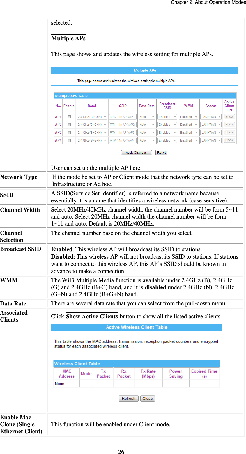   Chapter 2: About Operation Modes  26selected. Multiple APs This page shows and updates the wireless setting for multiple APs.  User can set up the multiple AP here. Network Type  If the mode be set to AP or Client mode that the network type can be set to Infrastructure or Ad hoc. SSID  A SSID(Service Set Identifier) is referred to a network name because essentially it is a name that identifies a wireless network (case-sensitive). Channel Width  Select 20MHz/40MHz channel width, the channel number will be form 5~11 and auto; Select 20MHz channel width the channel number will be form 1~11 and auto. Default is 20MHz/40MHz. Channel Selection The channel number base on the channel width you select.  Broadcast SSID  Enabled: This wireless AP will broadcast its SSID to stations.  Disabled: This wireless AP will not broadcast its SSID to stations. If stations want to connect to this wireless AP, this AP’s SSID should be known in advance to make a connection. WMM  The WiFi Multiple Media function is available under 2.4GHz (B), 2.4GHz (G) and 2.4GHz (B+G) band, and it is disabled under 2.4GHz (N), 2.4GHz (G+N) and 2.4GHz (B+G+N) band. Data Rate  There are several data rate that you can select from the pull-down menu. Associated Clients  Click Show Active Clients button to show all the listed active clients.  Enable Mac Clone (Single Ethernet Client) This function will be enabled under Client mode.  