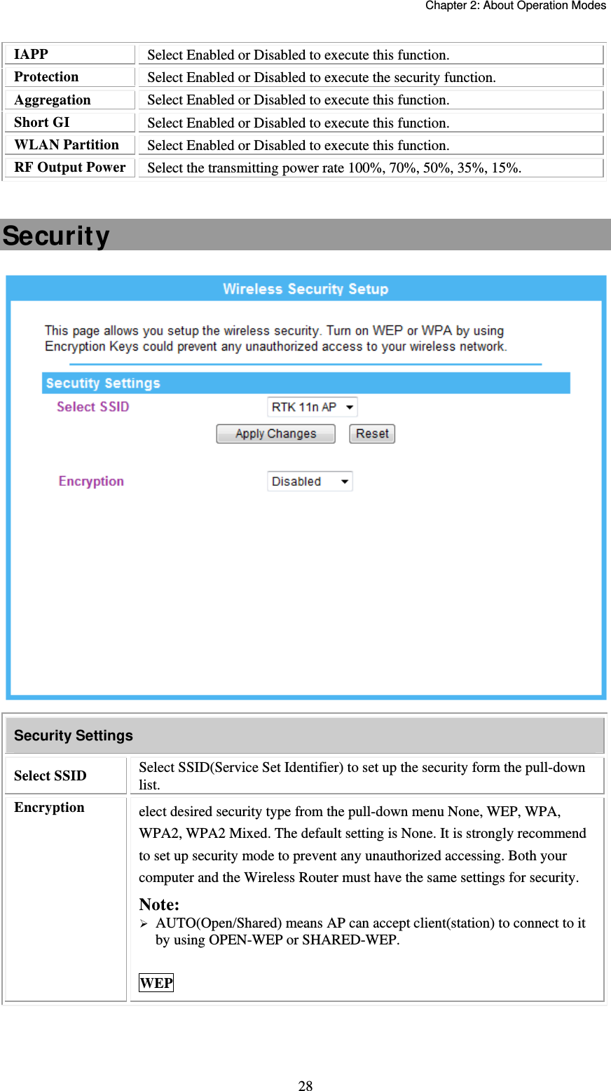   Chapter 2: About Operation Modes  28IAPP  Select Enabled or Disabled to execute this function. Protection  Select Enabled or Disabled to execute the security function. Aggregation  Select Enabled or Disabled to execute this function. Short GI  Select Enabled or Disabled to execute this function. WLAN Partition  Select Enabled or Disabled to execute this function. RF Output Power  Select the transmitting power rate 100%, 70%, 50%, 35%, 15%.  Security  Security Settings Select SSID   Select SSID(Service Set Identifier) to set up the security form the pull-down list. Encryption  elect desired security type from the pull-down menu None, WEP, WPA, WPA2, WPA2 Mixed. The default setting is None. It is strongly recommend to set up security mode to prevent any unauthorized accessing. Both your computer and the Wireless Router must have the same settings for security. Note:  AUTO(Open/Shared) means AP can accept client(station) to connect to it by using OPEN-WEP or SHARED-WEP.  WEP 