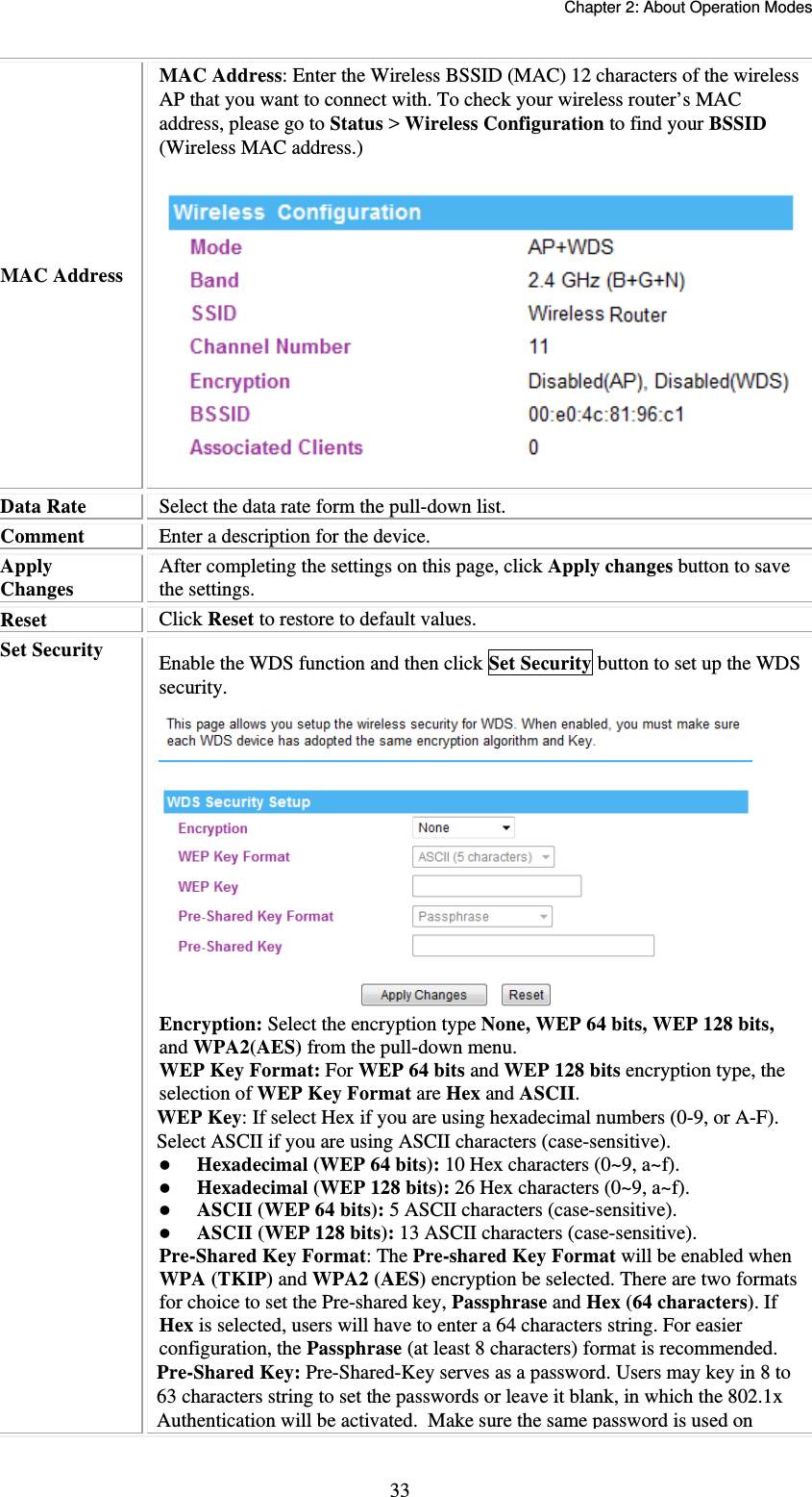   Chapter 2: About Operation Modes  33MAC Address MAC Address: Enter the Wireless BSSID (MAC) 12 characters of the wireless AP that you want to connect with. To check your wireless router’s MAC address, please go to Status &gt; Wireless Configuration to find your BSSID (Wireless MAC address.) Data Rate  Select the data rate form the pull-down list. Comment  Enter a description for the device. Apply Changes After completing the settings on this page, click Apply changes button to save the settings. Reset  Click Reset to restore to default values. Set Security  Enable the WDS function and then click Set Security button to set up the WDS security.  Encryption: Select the encryption type None, WEP 64 bits, WEP 128 bits, and WPA2(AES) from the pull-down menu.  WEP Key Format: For WEP 64 bits and WEP 128 bits encryption type, the selection of WEP Key Format are Hex and ASCII. WEP Key: If select Hex if you are using hexadecimal numbers (0-9, or A-F). Select ASCII if you are using ASCII characters (case-sensitive).   Hexadecimal (WEP 64 bits): 10 Hex characters (0~9, a~f).   Hexadecimal (WEP 128 bits): 26 Hex characters (0~9, a~f).  ASCII (WEP 64 bits): 5 ASCII characters (case-sensitive).  ASCII (WEP 128 bits): 13 ASCII characters (case-sensitive). Pre-Shared Key Format: The Pre-shared Key Format will be enabled when WPA (TKIP) and WPA2 (AES) encryption be selected. There are two formats for choice to set the Pre-shared key, Passphrase and Hex (64 characters). If Hex is selected, users will have to enter a 64 characters string. For easier configuration, the Passphrase (at least 8 characters) format is recommended. Pre-Shared Key: Pre-Shared-Key serves as a password. Users may key in 8 to 63 characters string to set the passwords or leave it blank, in which the 802.1x Authentication will be activated.  Make sure the same password is used on 