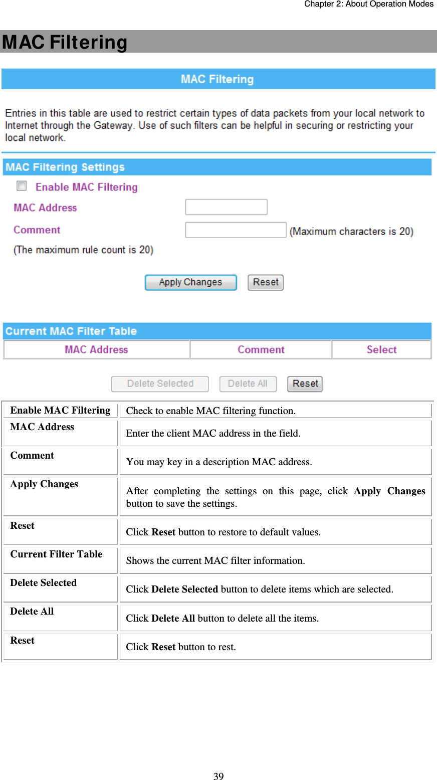   Chapter 2: About Operation Modes  39MAC Filtering  Enable MAC Filtering  Check to enable MAC filtering function. MAC Address  Enter the client MAC address in the field.   Comment  You may key in a description MAC address. Apply Changes  After completing the settings on this page, click Apply Changes button to save the settings. Reset  Click Reset button to restore to default values. Current Filter Table  Shows the current MAC filter information. Delete Selected  Click Delete Selected button to delete items which are selected. Delete All  Click Delete All button to delete all the items. Reset  Click Reset button to rest.  