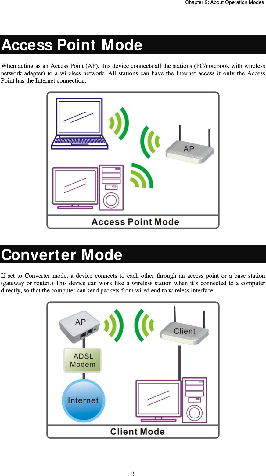   Chapter 2: About Operation Modes  3 Access Point Mode When acting as an Access Point (AP), this device connects all the stations (PC/notebook with wireless network adapter) to a wireless network. All stations can have the Internet access if only the Access Point has the Internet connection.    Converter Mode If set to Converter mode, a device connects to each other through an access point or a base station (gateway or router.) This device can work like a wireless station when it’s connected to a computer directly, so that the computer can send packets from wired end to wireless interface.     