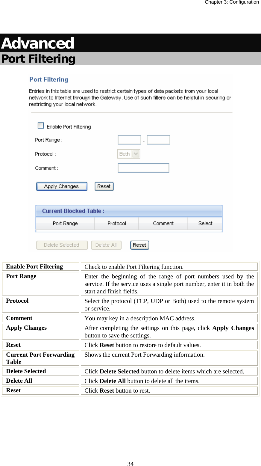   Chapter 3: Configuration  34 Advanced Port Filtering  Enable Port Filtering  Check to enable Port Filtering function. Port Range  Enter the beginning of the range of port numbers used by the service. If the service uses a single port number, enter it in both the start and finish fields. Protocol  Select the protocol (TCP, UDP or Both) used to the remote system or service. Comment  You may key in a description MAC address. Apply Changes  After completing the settings on this page, click Apply Changes button to save the settings. Reset  Click Reset button to restore to default values. Current Port Forwarding Table  Shows the current Port Forwarding information. Delete Selected  Click Delete Selected button to delete items which are selected. Delete All  Click Delete All button to delete all the items. Reset  Click Reset button to rest.        