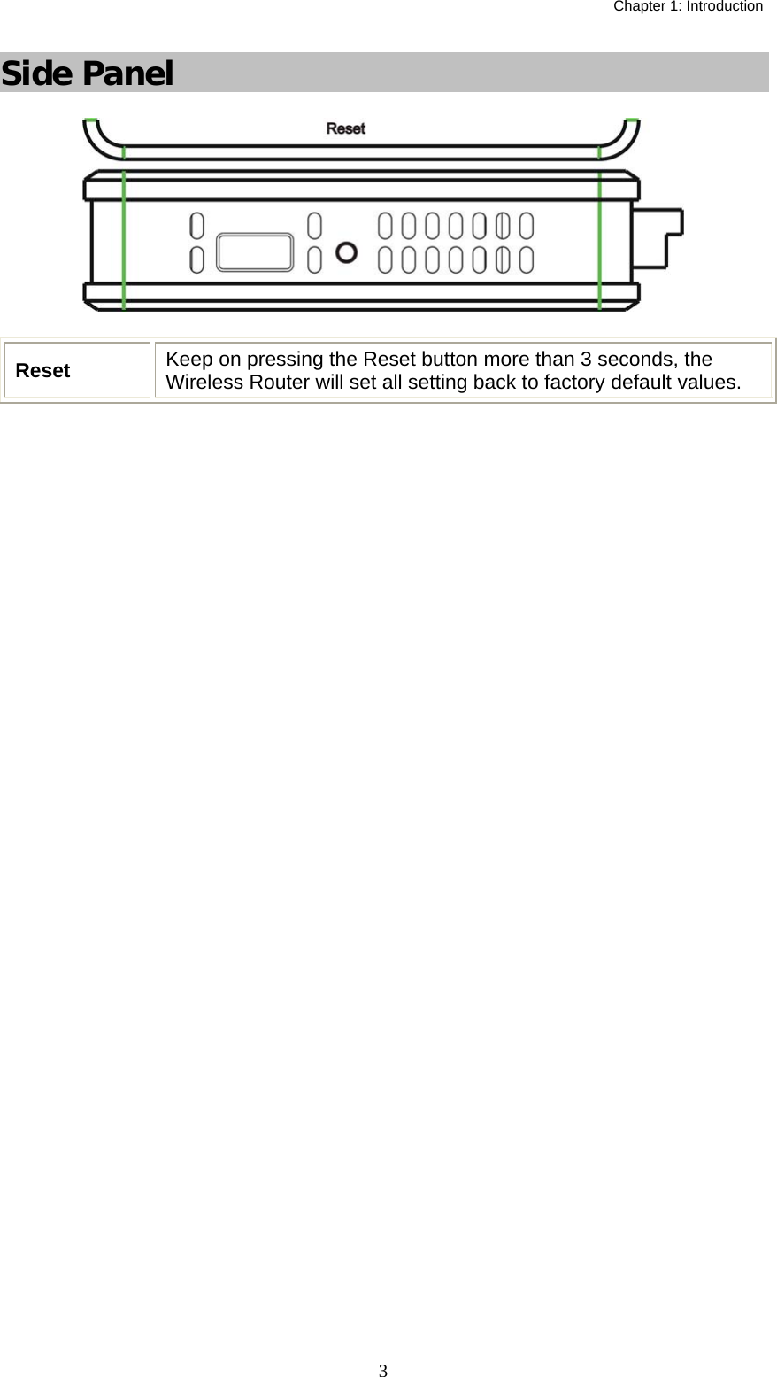   Chapter 1: Introduction  3Side Panel  Reset   Keep on pressing the Reset button more than 3 seconds, the Wireless Router will set all setting back to factory default values.  