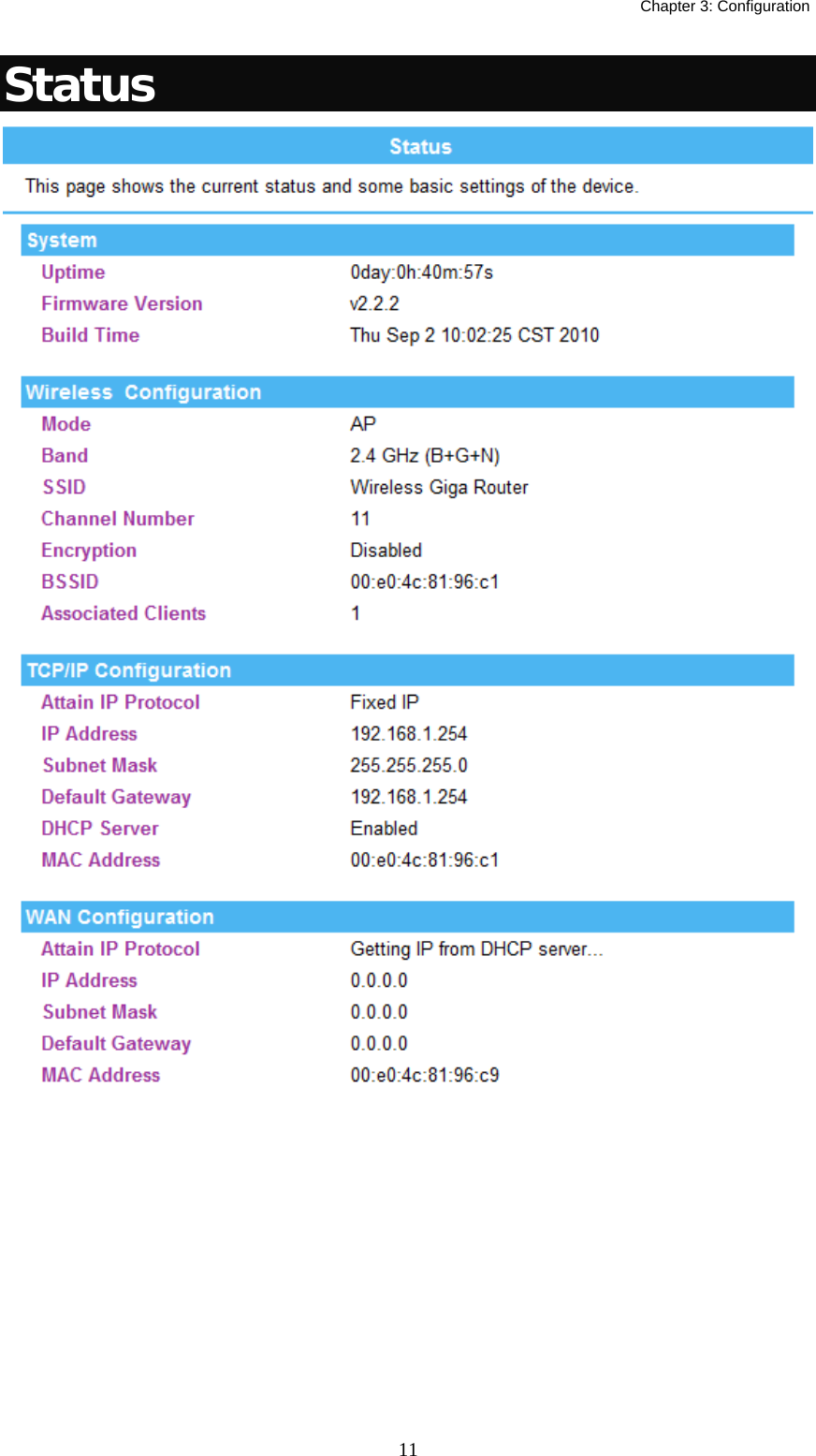   Chapter 3: Configuration  11Status  