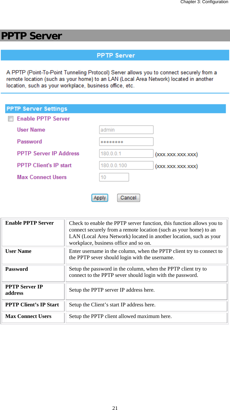   Chapter 3: Configuration  21 PPTP Server   Enable PPTP Server  Check to enable the PPTP server function, this function allows you to connect securely from a remote location (such as your home) to an LAN (Local Area Network) located in another location, such as your workplace, business office and so on. User Name  Enter username in the column, when the PPTP client try to connect to the PPTP sever should login with the username. Password  Setup the password in the column, when the PPTP client try to connect to the PPTP sever should login with the password. PPTP Server IP address  Setup the PPTP server IP address here. PPTP Client’s IP Start  Setup the Client’s start IP address here. Max Connect Users  Setup the PPTP client allowed maximum here. 
