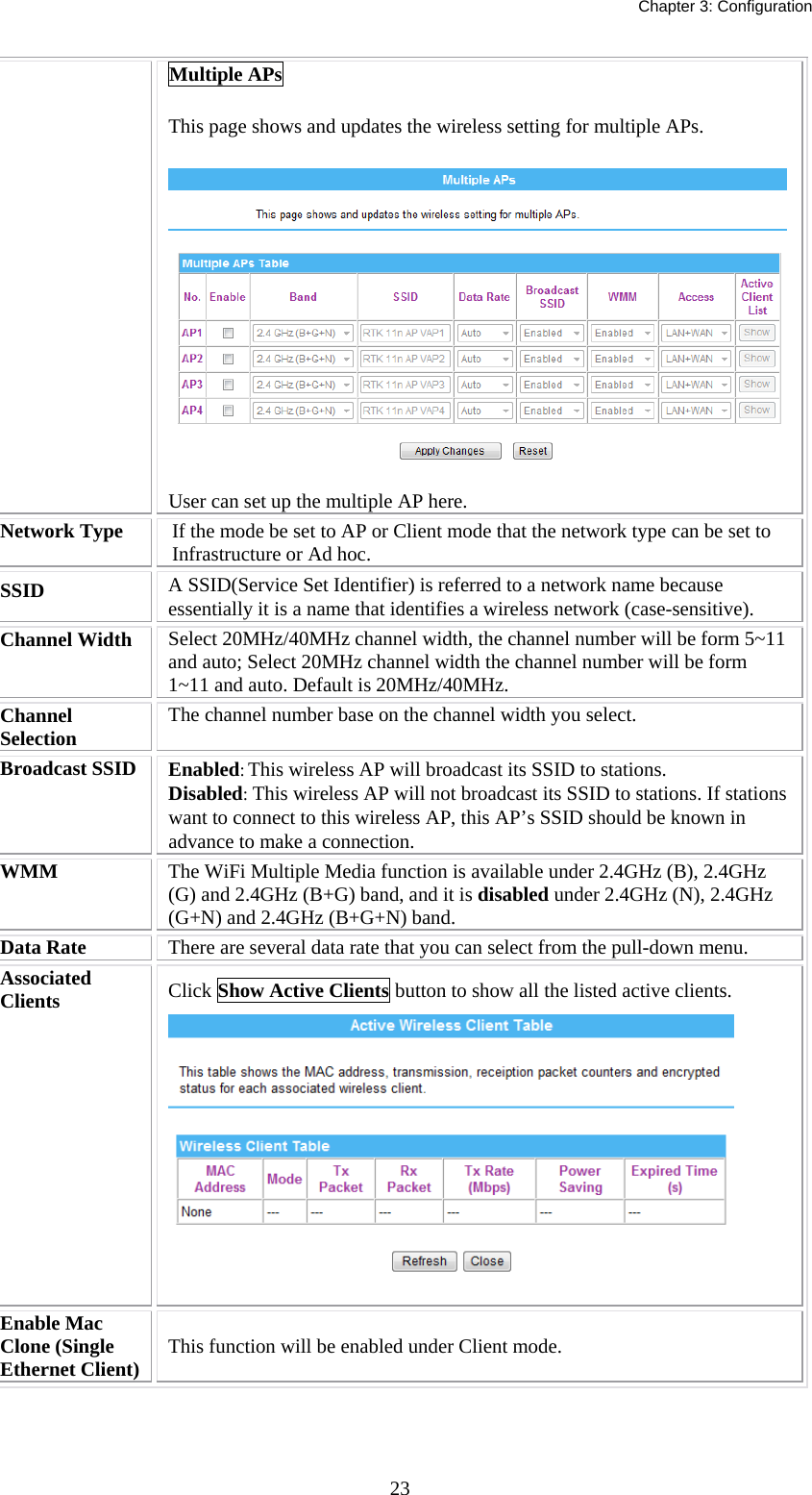   Chapter 3: Configuration  23Multiple APs This page shows and updates the wireless setting for multiple APs.  User can set up the multiple AP here. Network Type  If the mode be set to AP or Client mode that the network type can be set to Infrastructure or Ad hoc. SSID  A SSID(Service Set Identifier) is referred to a network name because essentially it is a name that identifies a wireless network (case-sensitive). Channel Width  Select 20MHz/40MHz channel width, the channel number will be form 5~11 and auto; Select 20MHz channel width the channel number will be form 1~11 and auto. Default is 20MHz/40MHz. Channel Selection  The channel number base on the channel width you select.  Broadcast SSID  Enabled: This wireless AP will broadcast its SSID to stations.  Disabled: This wireless AP will not broadcast its SSID to stations. If stations want to connect to this wireless AP, this AP’s SSID should be known in advance to make a connection. WMM  The WiFi Multiple Media function is available under 2.4GHz (B), 2.4GHz (G) and 2.4GHz (B+G) band, and it is disabled under 2.4GHz (N), 2.4GHz (G+N) and 2.4GHz (B+G+N) band. Data Rate  There are several data rate that you can select from the pull-down menu. Associated Clients  Click Show Active Clients button to show all the listed active clients.  Enable Mac Clone (Single Ethernet Client)  This function will be enabled under Client mode.    