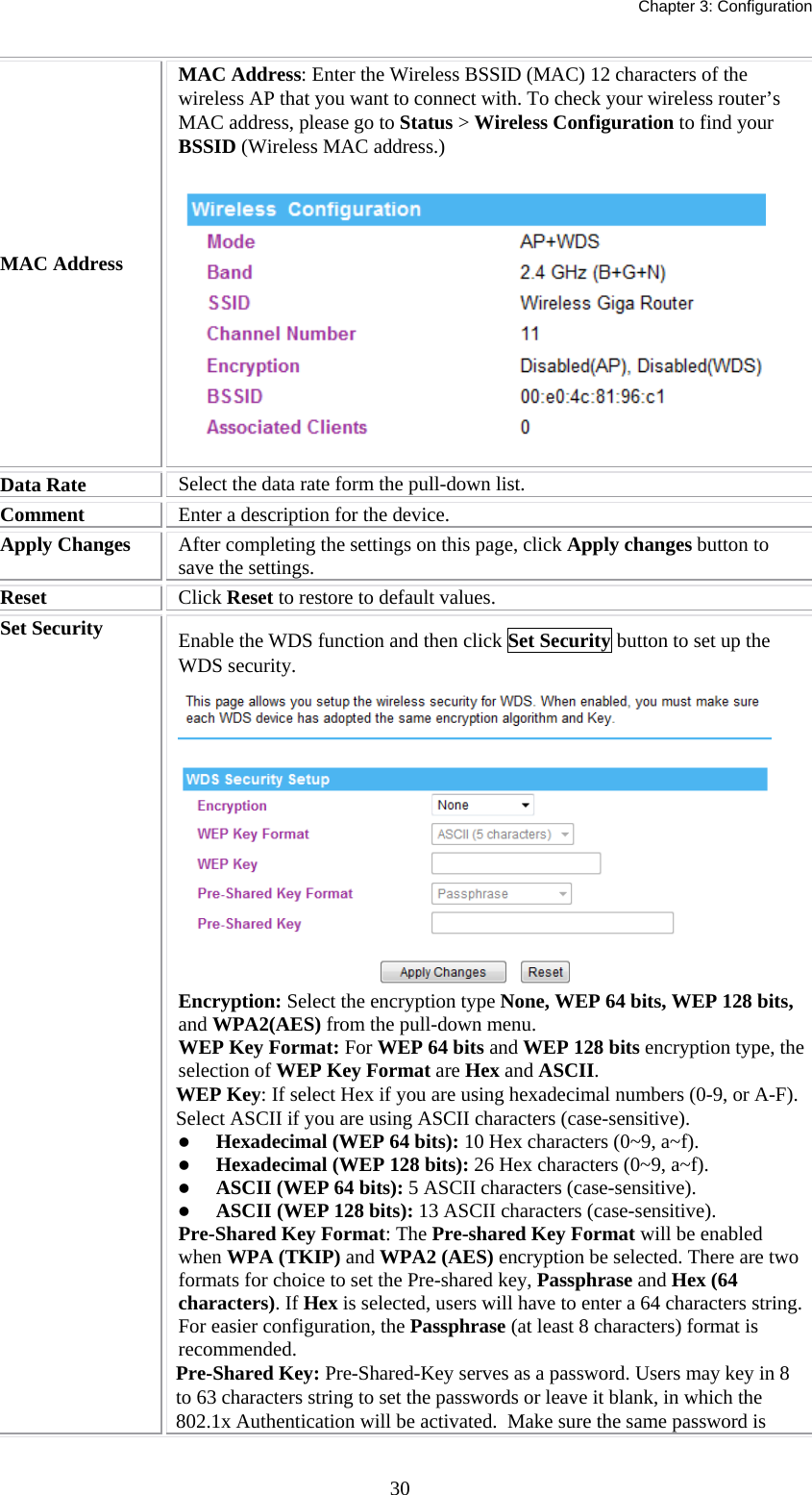   Chapter 3: Configuration  30MAC Address MAC Address: Enter the Wireless BSSID (MAC) 12 characters of the wireless AP that you want to connect with. To check your wireless router’s MAC address, please go to Status &gt; Wireless Configuration to find your BSSID (Wireless MAC address.)  Data Rate  Select the data rate form the pull-down list. Comment  Enter a description for the device. Apply Changes  After completing the settings on this page, click Apply changes button to save the settings. Reset  Click Reset to restore to default values. Set Security  Enable the WDS function and then click Set Security button to set up the WDS security.  Encryption: Select the encryption type None, WEP 64 bits, WEP 128 bits, and WPA2(AES) from the pull-down menu.  WEP Key Format: For WEP 64 bits and WEP 128 bits encryption type, the selection of WEP Key Format are Hex and ASCII. WEP Key: If select Hex if you are using hexadecimal numbers (0-9, or A-F). Select ASCII if you are using ASCII characters (case-sensitive).  z Hexadecimal (WEP 64 bits): 10 Hex characters (0~9, a~f).  z Hexadecimal (WEP 128 bits): 26 Hex characters (0~9, a~f). z ASCII (WEP 64 bits): 5 ASCII characters (case-sensitive). z ASCII (WEP 128 bits): 13 ASCII characters (case-sensitive). Pre-Shared Key Format: The Pre-shared Key Format will be enabled when WPA (TKIP) and WPA2 (AES) encryption be selected. There are two formats for choice to set the Pre-shared key, Passphrase and Hex (64 characters). If Hex is selected, users will have to enter a 64 characters string. For easier configuration, the Passphrase (at least 8 characters) format is recommended. Pre-Shared Key: Pre-Shared-Key serves as a password. Users may key in 8 to 63 characters string to set the passwords or leave it blank, in which the 802.1x Authentication will be activated.  Make sure the same password is 