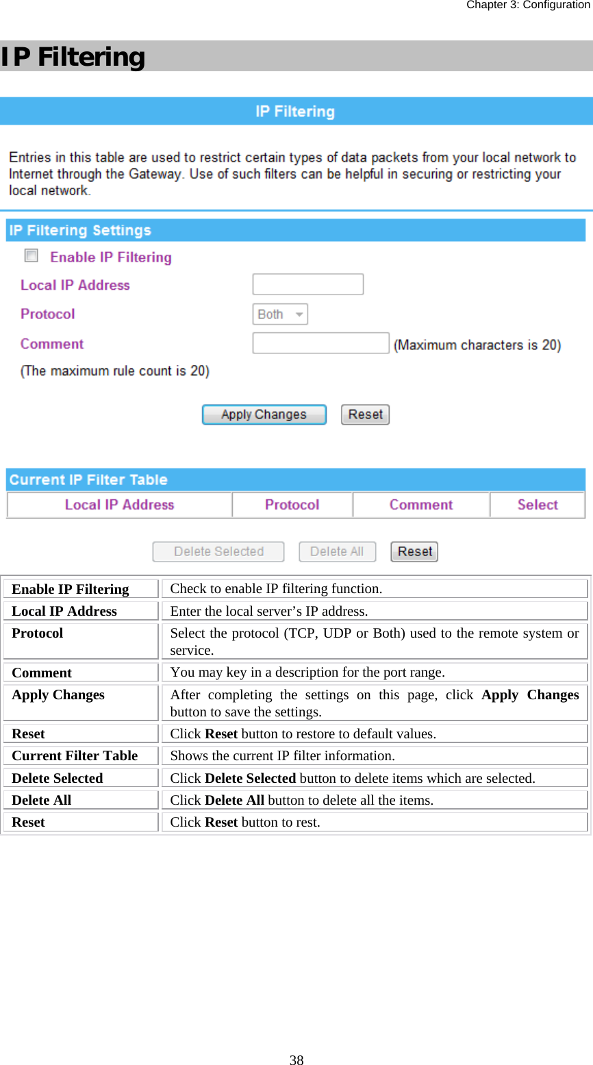   Chapter 3: Configuration  38IP Filtering  Enable IP Filtering  Check to enable IP filtering function. Local IP Address  Enter the local server’s IP address. Protocol  Select the protocol (TCP, UDP or Both) used to the remote system or service. Comment  You may key in a description for the port range. Apply Changes  After completing the settings on this page, click Apply Changes button to save the settings. Reset  Click Reset button to restore to default values. Current Filter Table  Shows the current IP filter information. Delete Selected  Click Delete Selected button to delete items which are selected. Delete All  Click Delete All button to delete all the items. Reset  Click Reset button to rest.  