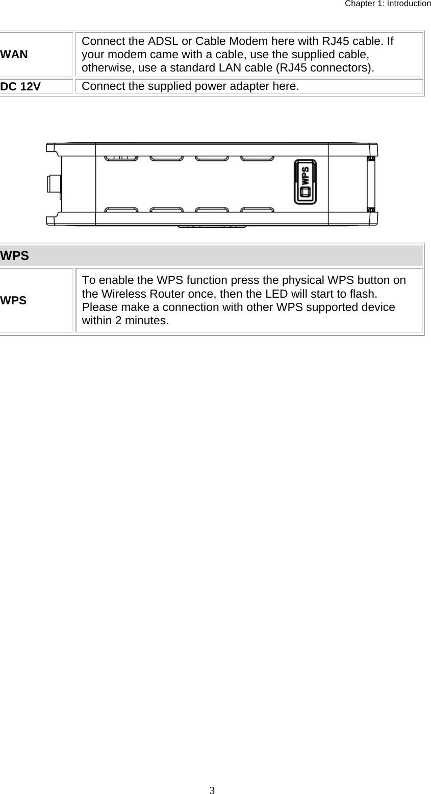   Chapter 1: Introduction  3WAN  Connect the ADSL or Cable Modem here with RJ45 cable. If your modem came with a cable, use the supplied cable, otherwise, use a standard LAN cable (RJ45 connectors). DC 12V  Connect the supplied power adapter here.   WPS WPS To enable the WPS function press the physical WPS button on the Wireless Router once, then the LED will start to flash. Please make a connection with other WPS supported device within 2 minutes.  