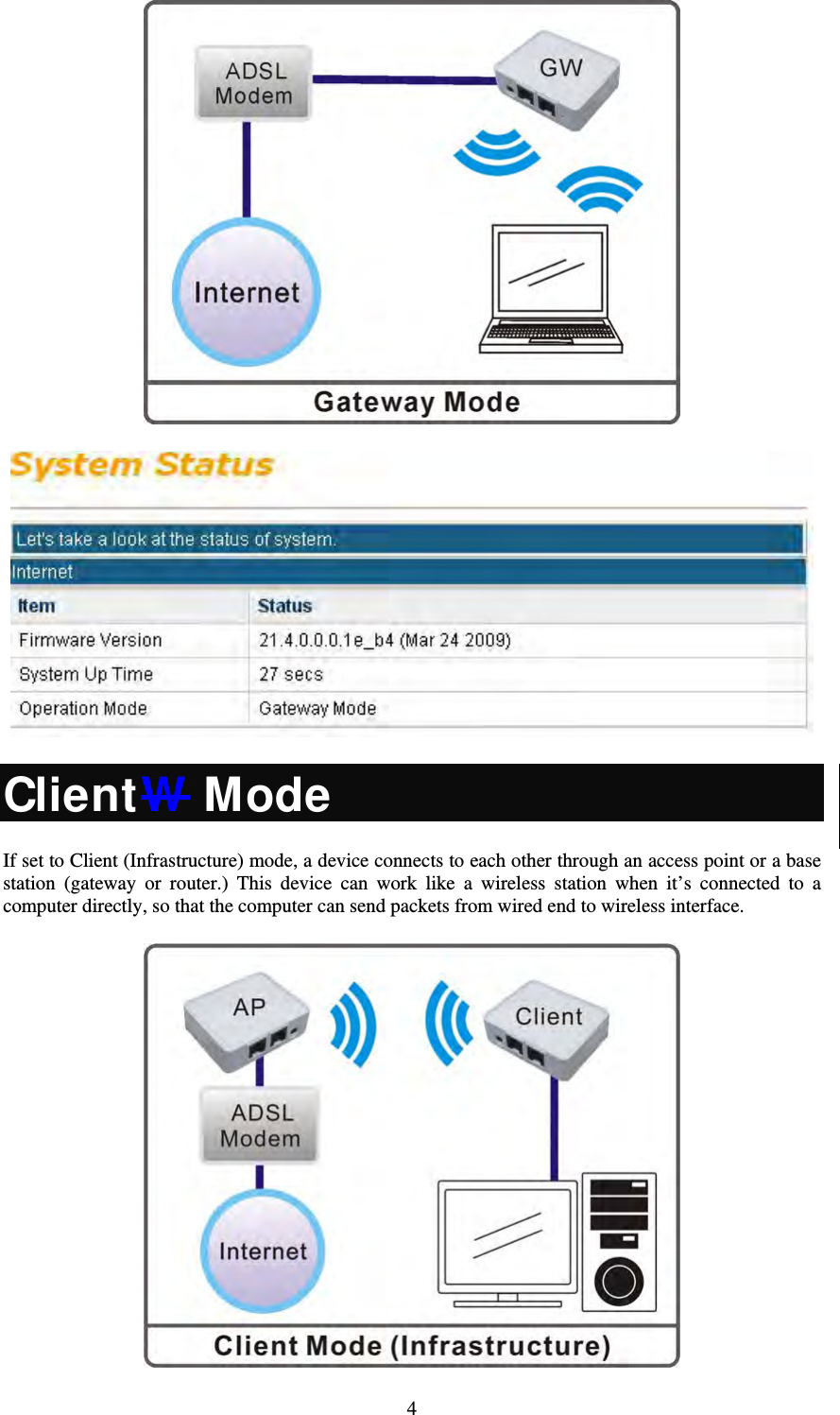   4  ClientW Mode If set to Client (Infrastructure) mode, a device connects to each other through an access point or a base station (gateway or router.) This device can work like a wireless station when it’s connected to a computer directly, so that the computer can send packets from wired end to wireless interface.   
