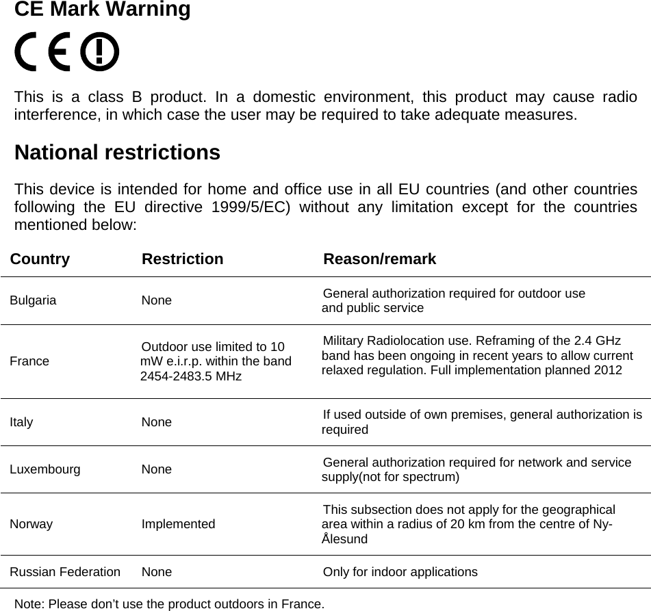 CE Mark Warning  This is a class B product. In a domestic environment, this product may cause radio interference, in which case the user may be required to take adequate measures. National restrictions This device is intended for home and office use in all EU countries (and other countries following the EU directive 1999/5/EC) without any limitation except for the countries mentioned below: Country Restriction  Reason/remark Bulgaria None  General authorization required for outdoor use and public service France  Outdoor use limited to 10 mW e.i.r.p. within the band 2454-2483.5 MHz Military Radiolocation use. Reframing of the 2.4 GHz band has been ongoing in recent years to allow current relaxed regulation. Full implementation planned 2012 Italy None  If used outside of own premises, general authorization is required Luxembourg None  General authorization required for network and service supply(not for spectrum) Norway Implemented  This subsection does not apply for the geographical area within a radius of 20 km from the centre of Ny-Ålesund Russian Federation  None  Only for indoor applications Note: Please don’t use the product outdoors in France.              