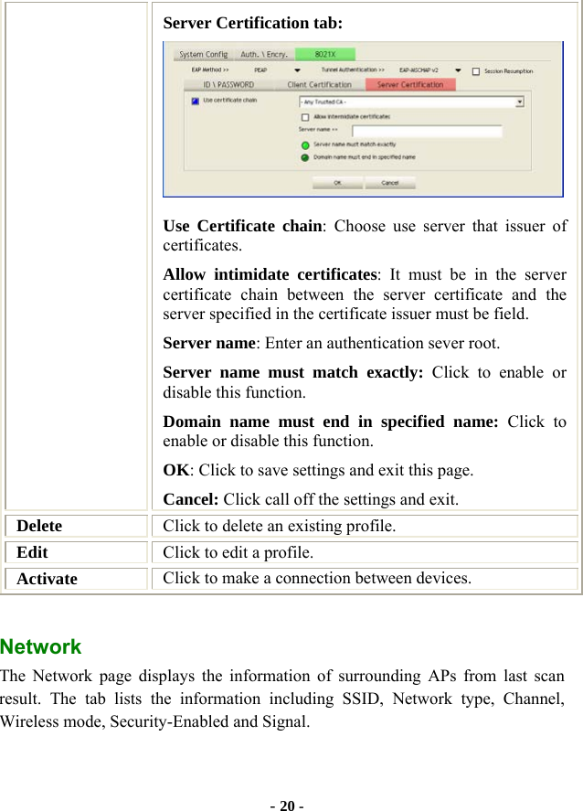  - 20 - Server Certification tab:    Use Certificate chain: Choose use server that issuer of certificates. Allow intimidate certificates: It must be in the server certificate chain between the server certificate and the server specified in the certificate issuer must be field. Server name: Enter an authentication sever root. Server name must match exactly: Click to enable or disable this function. Domain name must end in specified name: Click to enable or disable this function. OK: Click to save settings and exit this page. Cancel: Click call off the settings and exit. Delete  Click to delete an existing profile. Edit  Click to edit a profile. Activate  Click to make a connection between devices. Network  The Network page displays the information of surrounding APs from last scan result. The tab lists the information including SSID, Network type, Channel, Wireless mode, Security-Enabled and Signal. 