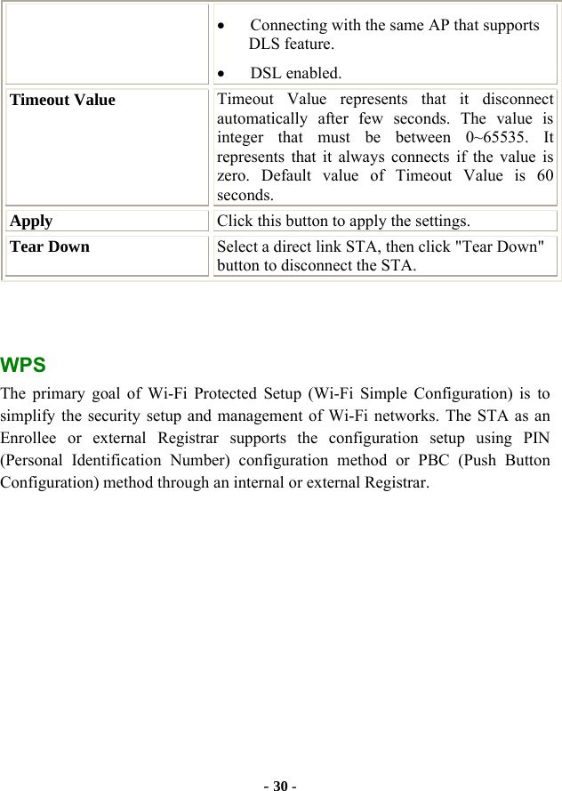  - 30 - • Connecting with the same AP that supports DLS feature. • DSL enabled. Timeout Value  Timeout Value represents that it disconnect automatically after few seconds. The value is integer that must be between 0~65535. It represents that it always connects if the value is zero. Default value of Timeout Value is 60 seconds. Apply  Click this button to apply the settings. Tear Down  Select a direct link STA, then click &quot;Tear Down&quot; button to disconnect the STA.   WPS The primary goal of Wi-Fi Protected Setup (Wi-Fi Simple Configuration) is to simplify the security setup and management of Wi-Fi networks. The STA as an Enrollee or external Registrar supports the configuration setup using PIN (Personal Identification Number) configuration method or PBC (Push Button Configuration) method through an internal or external Registrar. 