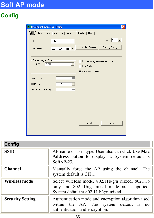  - 35 - Soft AP mode Config  Config SSID   AP name of user type. User also can click Use Mac Address button to display it. System default is SoftAP-23. Channel  Manually force the AP using the channel. The system default is CH 1. Wireless mode  Select wireless mode. 802.11b/g/n mixed, 802.11b only and 802.11b/g mixed mode are supported. System default is 802.11 b/g/n mixed.     Security Setting  Authentication mode and encryption algorithm used within the AP. The system default is no authentication and encryption. 