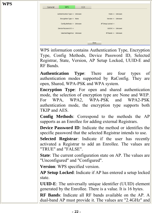  - 22 - WPS  WPS information contains Authentication Type, Encryption Type, Config Methods, Device Password ID, Selected Registrar, State, Version, AP Setup Locked, UUID-E and RF Bands. Authentication Type: There are four types of authentication modes supported by RaConfig. They are open, Shared, WPA-PSK and WPA system. Encryption Type: For open and shared authentication mode, the selection of encryption type are None and WEP. For WPA, WPA2, WPA-PSK and WPA2-PSK authentication mode, the encryption type supports both TKIP and AES. Config Methods: Correspond to the methods the AP supports as an Enrollee for adding external Registrars. Device Password ID: Indicate the method or identifies the specific password that the selected Registrar intends to use. Selected Registrar: Indicate if the user has recently activated a Registrar to add an Enrollee. The values are &quot;TRUE&quot; and &quot;FALSE&quot;. State: The current configuration state on AP. The values are &quot;Unconfigured&quot; and &quot;Configured&quot;. Version: WPS specified version. AP Setup Locked: Indicate if AP has entered a setup locked state. UUID-E: The universally unique identifier (UUID) element generated by the Enrollee. There is a value. It is 16 bytes. RF Bands: Indicate all RF bands available on the AP. A dual-band AP must provide it. The values are &quot;2.4GHz&quot; and 