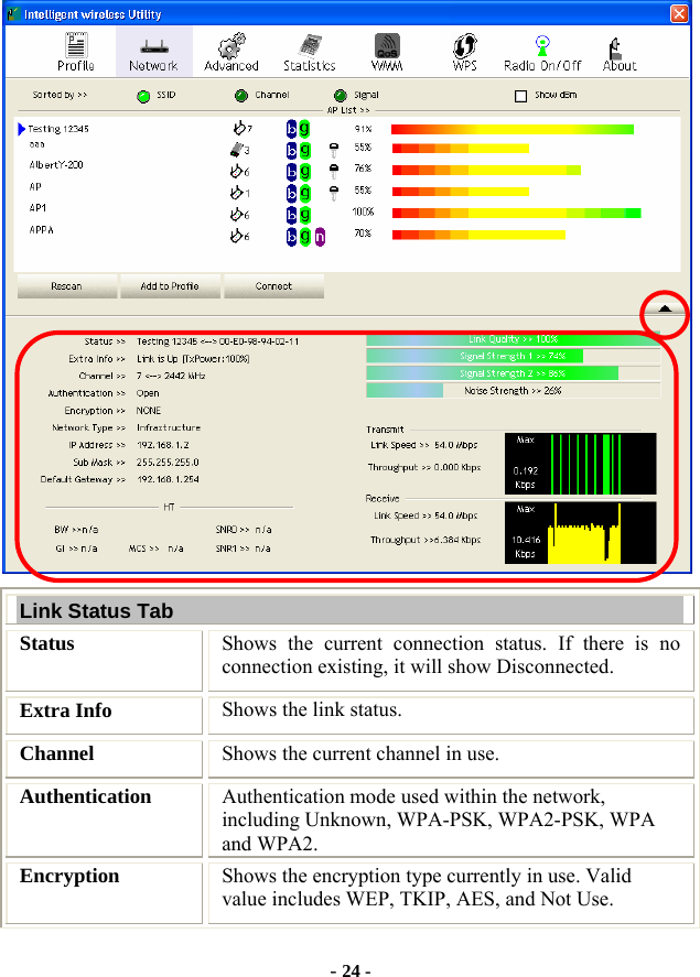  - 24 -  Link Status Tab Status  Shows the current connection status. If there is no connection existing, it will show Disconnected. Extra Info  Shows the link status. Channel  Shows the current channel in use. Authentication  Authentication mode used within the network, including Unknown, WPA-PSK, WPA2-PSK, WPA and WPA2. Encryption  Shows the encryption type currently in use. Valid value includes WEP, TKIP, AES, and Not Use. 