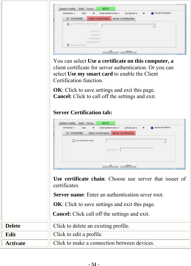  - 51 -  You can select Use a certificate on this computer, a client certificate for server authentication. Or you can select Use my smart card to enable the Client Certification function. OK: Click to save settings and exit this page. Cancel: Click to call off the settings and exit.  Server Certification tab:    Use certificate chain: Choose use server that issuer of certificates. Server name: Enter an authentication sever root. OK: Click to save settings and exit this page. Cancel: Click call off the settings and exit. Delete  Click to delete an existing profile. Edit  Click to edit a profile. Activate  Click to make a connection between devices.  