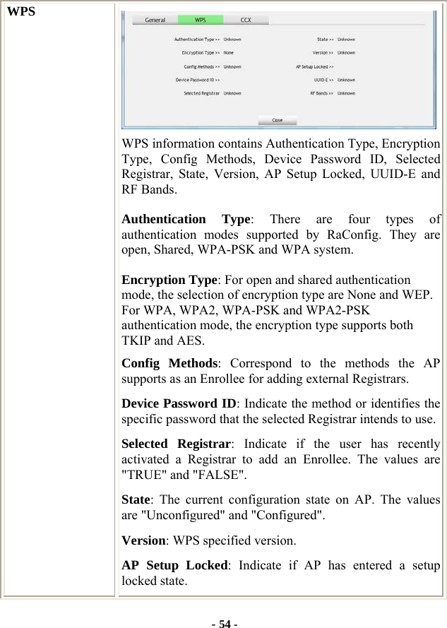  - 54 - WPS  WPS information contains Authentication Type, Encryption Type, Config Methods, Device Password ID, Selected Registrar, State, Version, AP Setup Locked, UUID-E and RF Bands. Authentication Type: There are four types of authentication modes supported by RaConfig. They are open, Shared, WPA-PSK and WPA system. Encryption Type: For open and shared authentication mode, the selection of encryption type are None and WEP. For WPA, WPA2, WPA-PSK and WPA2-PSK authentication mode, the encryption type supports both TKIP and AES. Config Methods: Correspond to the methods the AP supports as an Enrollee for adding external Registrars. Device Password ID: Indicate the method or identifies the specific password that the selected Registrar intends to use. Selected Registrar: Indicate if the user has recently activated a Registrar to add an Enrollee. The values are &quot;TRUE&quot; and &quot;FALSE&quot;. State: The current configuration state on AP. The values are &quot;Unconfigured&quot; and &quot;Configured&quot;. Version: WPS specified version. AP Setup Locked: Indicate if AP has entered a setup locked state. 