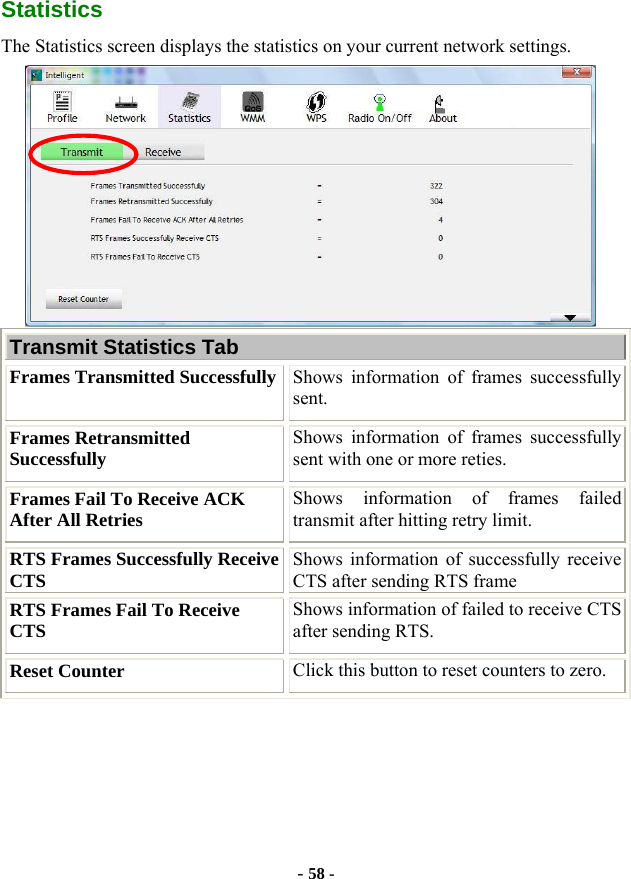  - 58 - Statistics The Statistics screen displays the statistics on your current network settings.  Transmit Statistics Tab Frames Transmitted Successfully Shows information of frames successfully sent. Frames Retransmitted Successfully  Shows information of frames successfully sent with one or more reties. Frames Fail To Receive ACK After All Retries  Shows information of frames failed transmit after hitting retry limit. RTS Frames Successfully Receive CTS  Shows information of successfully receive CTS after sending RTS frame RTS Frames Fail To Receive CTS  Shows information of failed to receive CTS after sending RTS. Reset Counter  Click this button to reset counters to zero. 