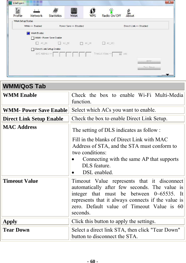  - 60 -  WMM/QoS Tab WMM Enable  Check the box to enable Wi-Fi Multi-Media function. WMM- Power Save Enable Select which ACs you want to enable. Direct Link Setup Enable  Check the box to enable Direct Link Setup. MAC Address  The setting of DLS indicates as follow : Fill in the blanks of Direct Link with MAC Address of STA, and the STA must conform to two conditions: • Connecting with the same AP that supports DLS feature. • DSL enabled. Timeout Value  Timeout Value represents that it disconnect automatically after few seconds. The value is integer that must be between 0~65535. It represents that it always connects if the value is zero. Default value of Timeout Value is 60 seconds. Apply  Click this button to apply the settings. Tear Down  Select a direct link STA, then click &quot;Tear Down&quot; button to disconnect the STA.  