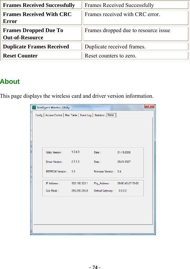  - 74 - Frames Received Successfully  Frames Received Successfully Frames Received With CRC Error Frames received with CRC error. Frames Dropped Due To Out-of-Resource Frames dropped due to resource issue Duplicate Frames Received  Duplicate received frames. Reset Counter  Reset counters to zero.  About This page displays the wireless card and driver version information.  