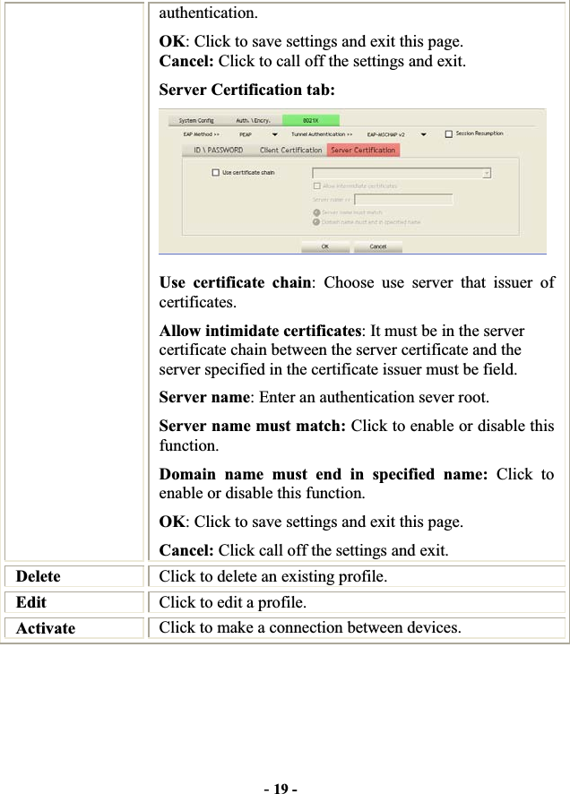 -19 -authentication. OK: Click to save settings and exit this page. Cancel: Click to call off the settings and exit. Server Certification tab:   Use certificate chain: Choose use server that issuer of certificates. Allow intimidate certificates: It must be in the server certificate chain between the server certificate and the server specified in the certificate issuer must be field. Server name: Enter an authentication sever root. Server name must match: Click to enable or disable this function. Domain name must end in specified name: Click to enable or disable this function. OK: Click to save settings and exit this page. Cancel: Click call off the settings and exit. Delete Click to delete an existing profile. Edit Click to edit a profile. Activate Click to make a connection between devices. 