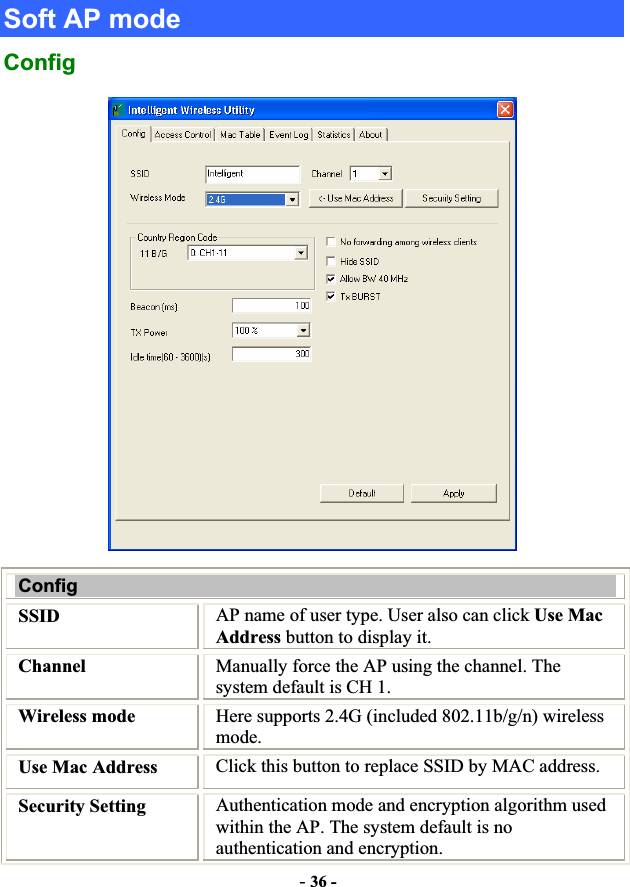 -36 -Soft AP mode ConfigConfigSSID AP name of user type. User also can click Use Mac Address button to display it. Channel  Manually force the AP using the channel. The system default is CH 1. Wireless mode  Here supports 2.4G (included 802.11b/g/n) wireless mode.Use Mac Address  Click this button to replace SSID by MAC address. Security Setting  Authentication mode and encryption algorithm used within the AP. The system default is no authentication and encryption. 