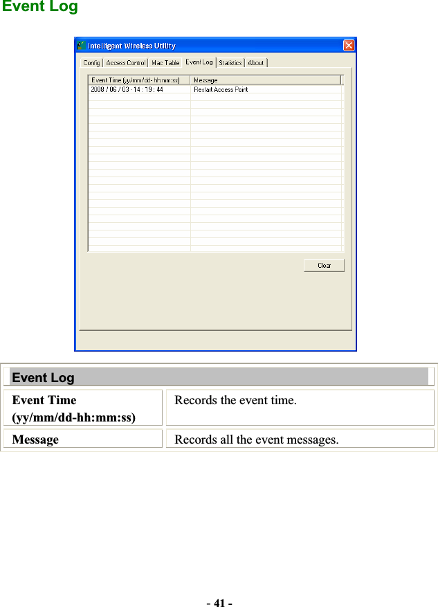 -41 -Event Log Event Log Event Time (yy/mm/dd-hh:mm:ss) Records the event time. Message Records all the event messages. 