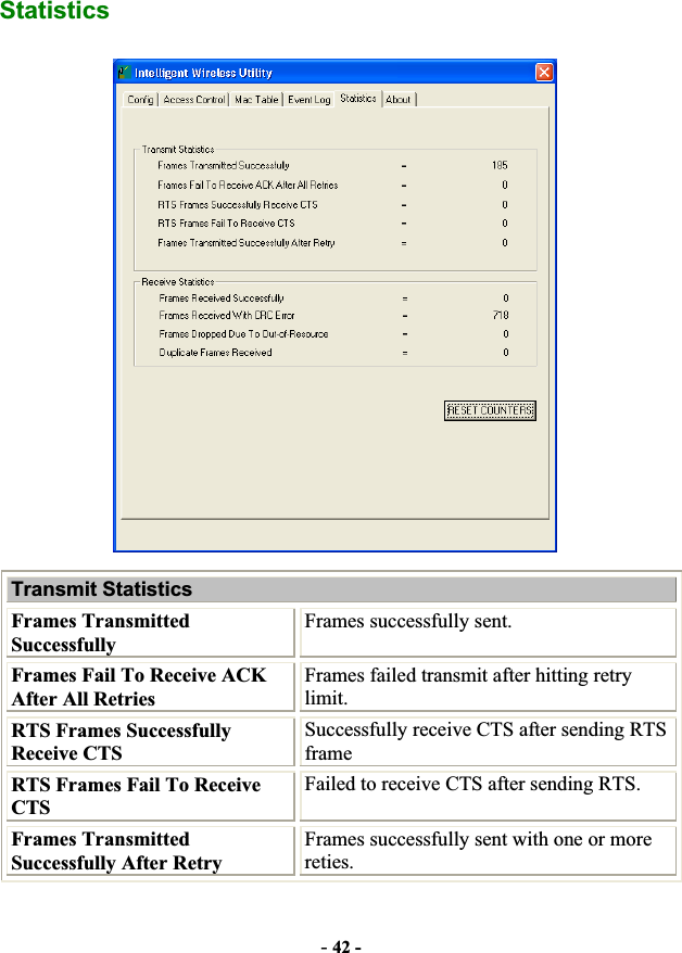 -42 -StatisticsTransmit Statistics Frames Transmitted Successfully Frames successfully sent. Frames Fail To Receive ACK After All Retries Frames failed transmit after hitting retry limit. RTS Frames Successfully Receive CTS Successfully receive CTS after sending RTS frameRTS Frames Fail To Receive CTSFailed to receive CTS after sending RTS. Frames Transmitted Successfully After Retry Frames successfully sent with one or more reties. 