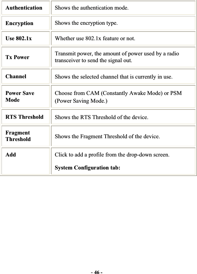 -46 -Authentication Shows the authentication mode. Encryption  Shows the encryption type. Use 802.1x    Whether use 802.1x feature or not. Tx Power    Transmit power, the amount of power used by a radio transceiver to send the signal out. Channel  Shows the selected channel that is currently in use.   Power Save Mode Choose from CAM (Constantly Awake Mode) or PSM (Power Saving Mode.) RTS Threshold  Shows the RTS Threshold of the device. FragmentThreshold  Shows the Fragment Threshold of the device. Add Click to add a profile from the drop-down screen. System Configuration tab: 